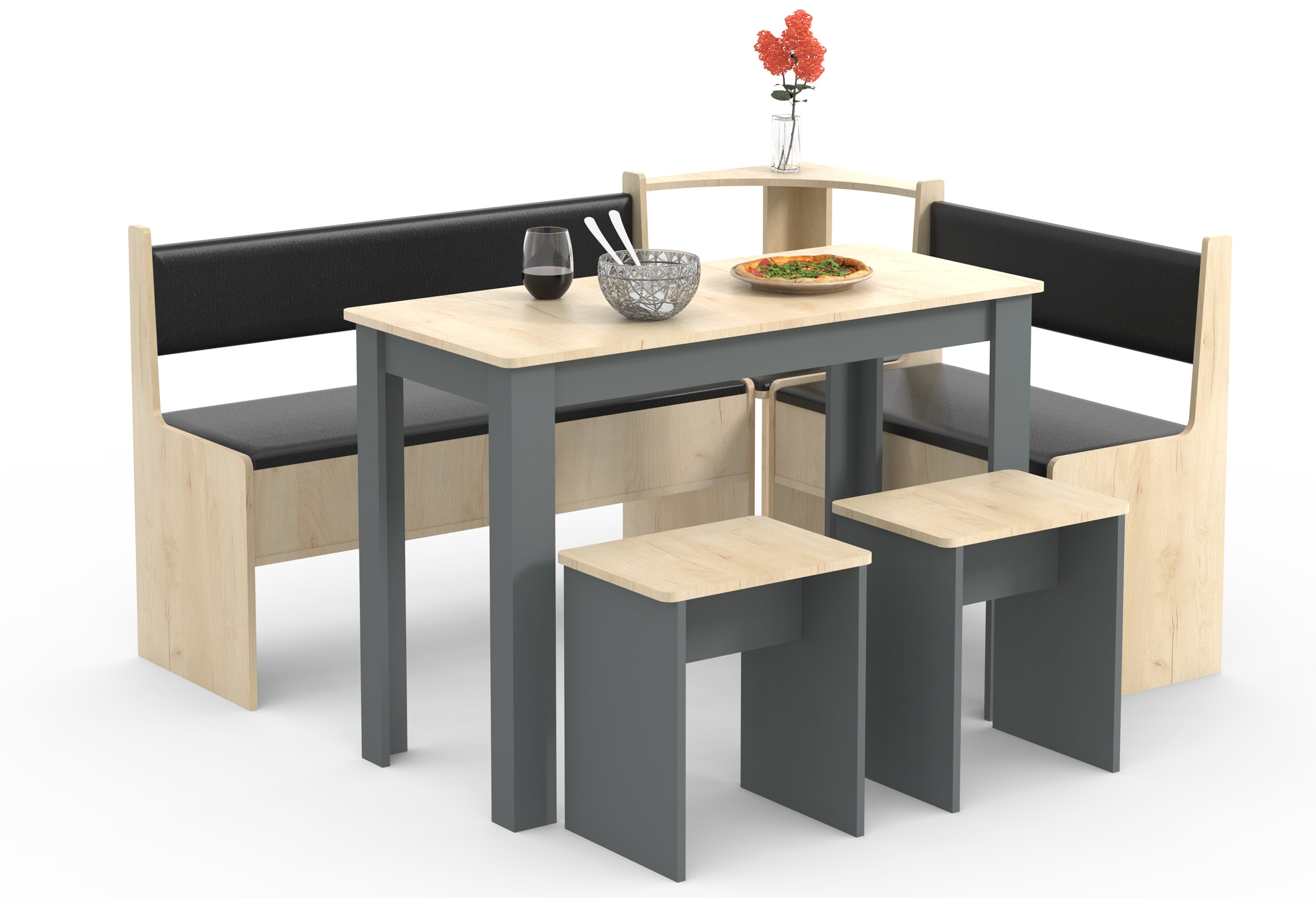 Essgruppe VCM "Eckbankgruppe Sitzgruppe Esal Maxi", braun (anthrazit, honig, eiche), B:150cm T:153cm, Obermaterial: 100% Holz Wood., Sitzmöbel-Sets, Essgruppe
