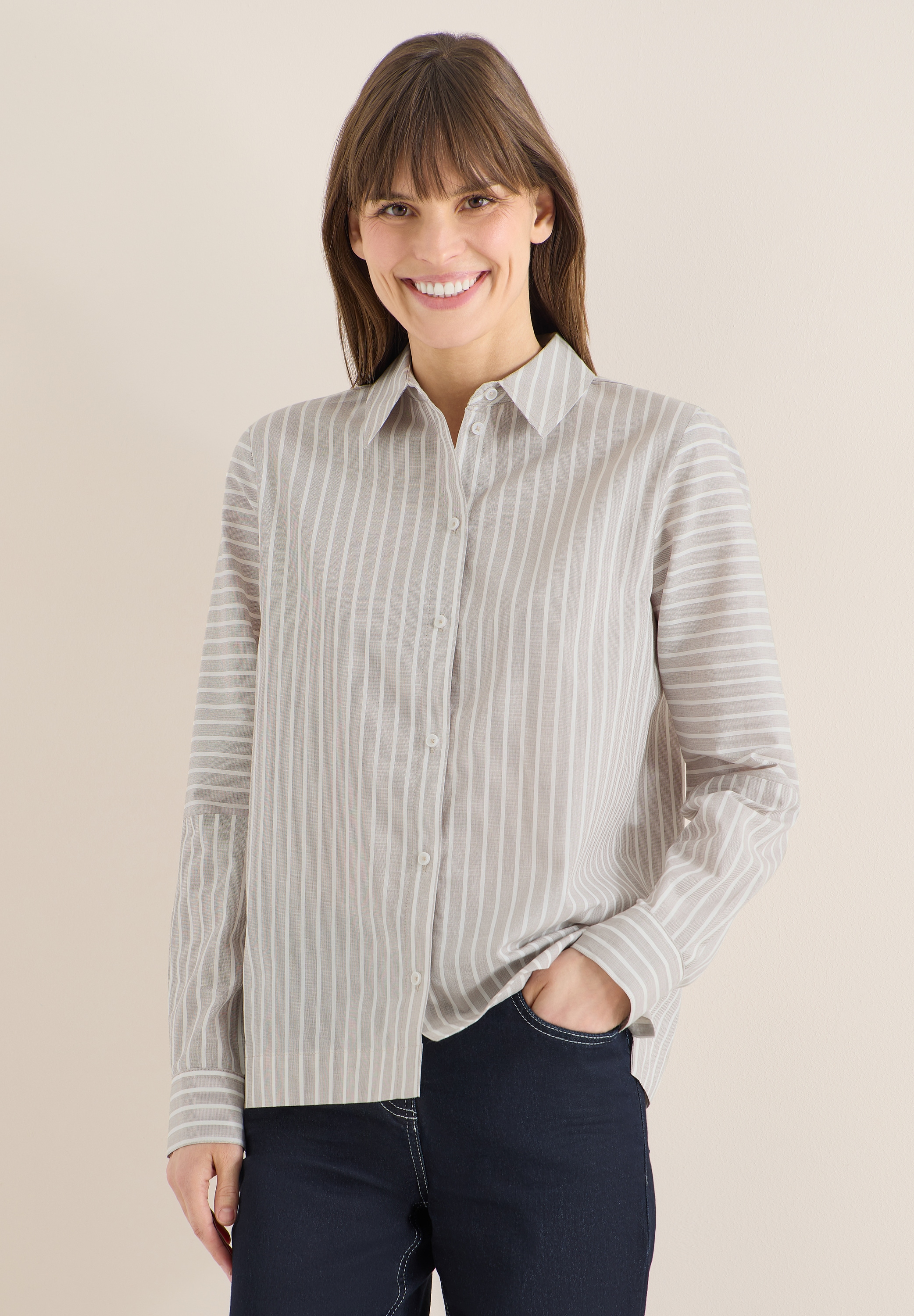 Langarmbluse CECIL, Damen, Gr. M (40), urban taupe, Web, 100% Baumwolle, unifarben, klassisch normal, V-Ausschnitt, Manschette, Blusen, aus reiner Baumwolle