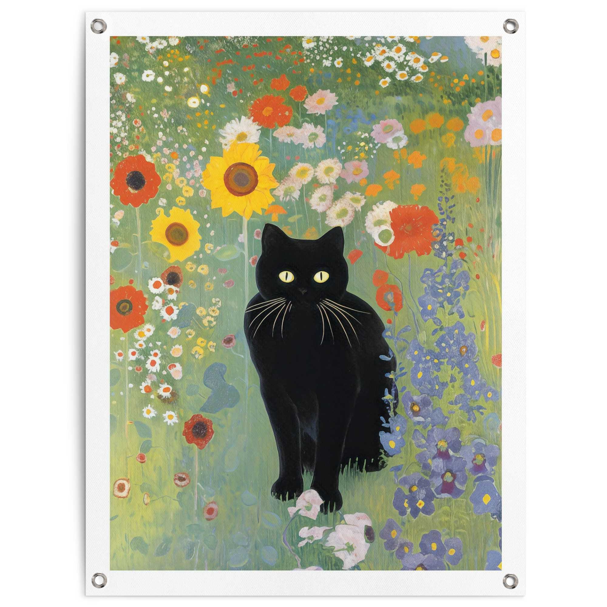 Reinders Poster "Catfield" Garten - Blumen - Schwarze Katze - Mehrfarbig - Leinwand - Kunst