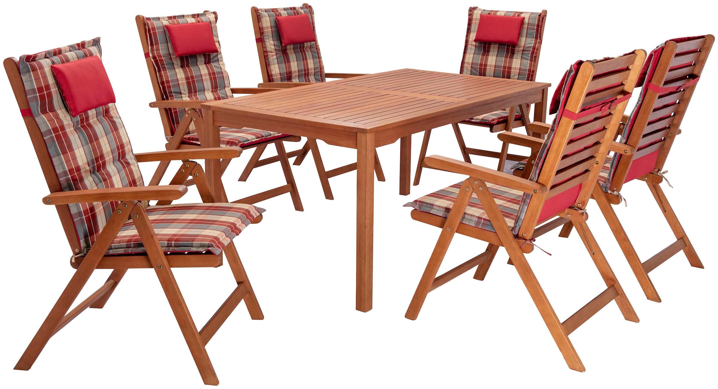 KONIFERA Garten-Essgruppe »Brasilia«, (Set, 13 tlg., 6x Stuhl, 1x Tisch 160x90x74 cm, inkl. Auflagen, Stühle sind klappbar), zertifiziertes Eukalyptus, Rückenlehne ist 5-fach verstellbar