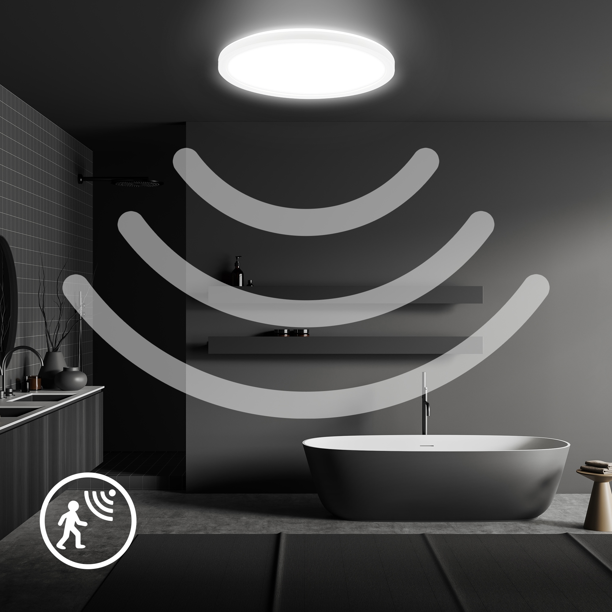B.K.Licht LED Deckenleuchte »BKL1604 Ultraflache LED Badleuchte, mit Microwavesensor, IP44«, 1 flammig, Leuchtmittel LED-Modul | LED fest integriert, 4.000K, 2.400 Lm, 18W, indirekte Hintergrundbeleuchtung, ⌀29cm, Weiß