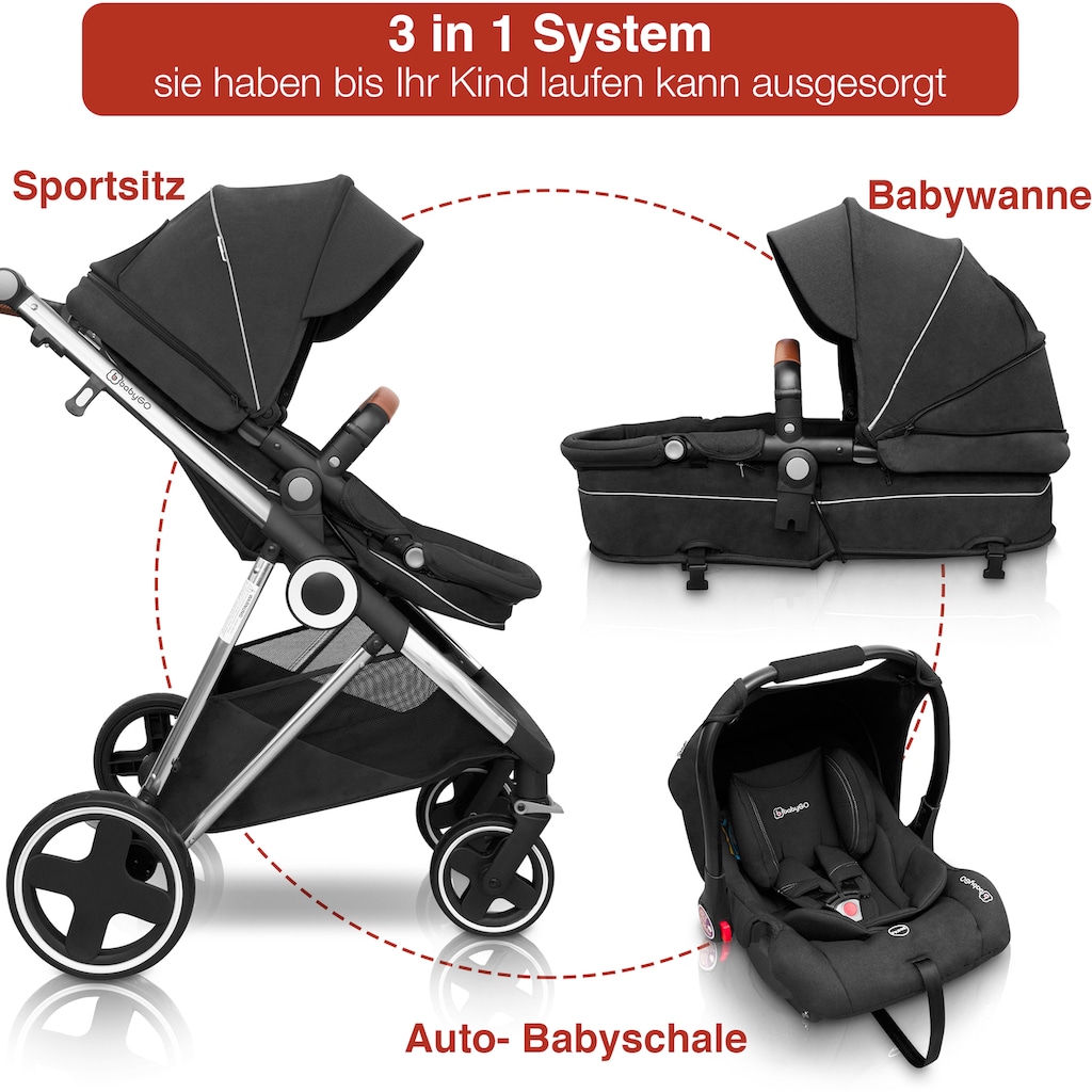 BabyGo Kombi-Kinderwagen »Halime 3in1, Anthracite Silver«, inklusive Babywanne, Babyschale, Regenhaube & Wickeltasche