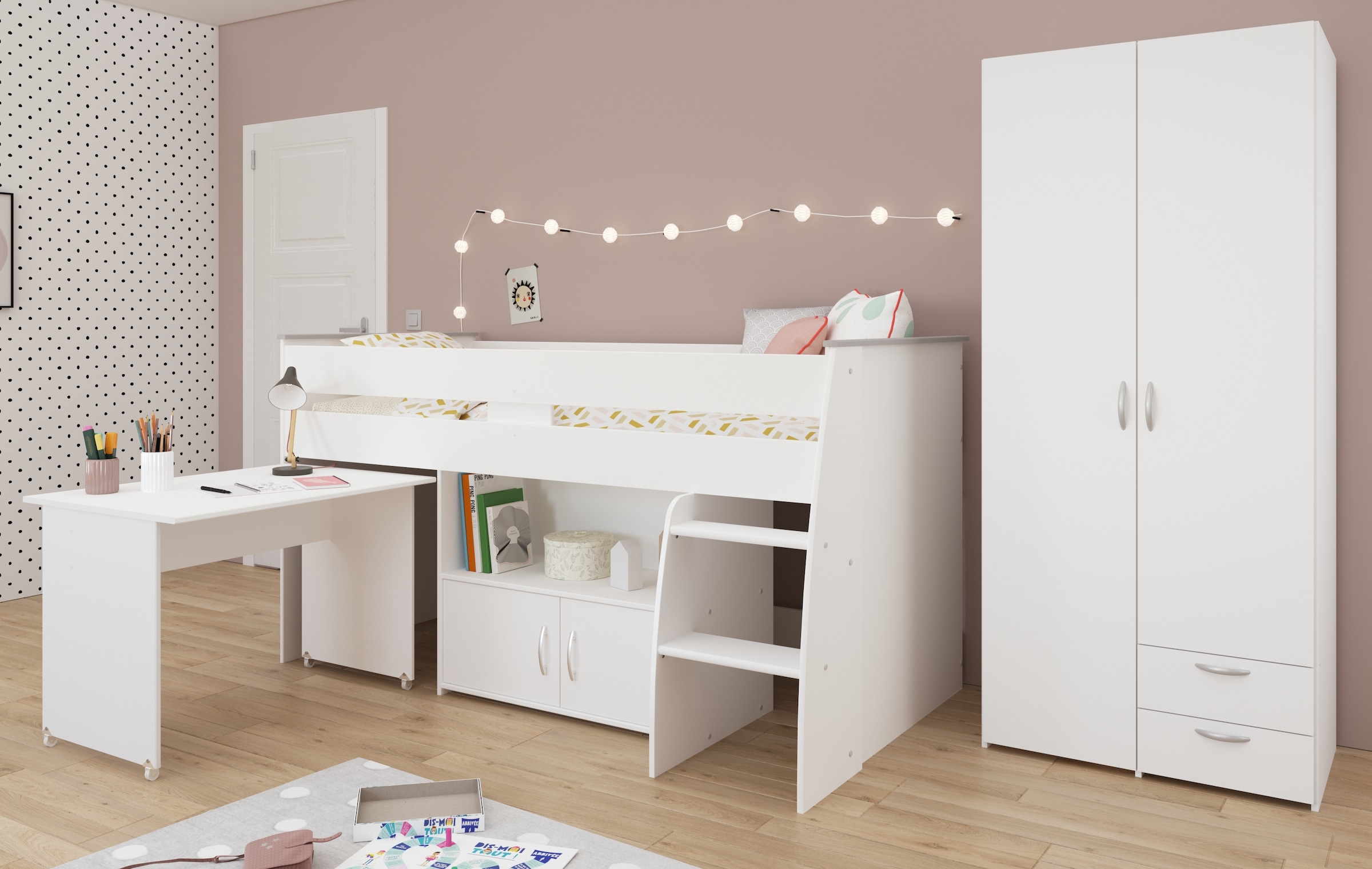 Parisot Jugendzimmer-Set »Reverse 12«, (2 tlg., Hochbett mit Schreibtisch und Kommode + Kleiderschrank, 2-türig), viel Stauraum, platzsparend, Schreibtisch und Kommode integriert