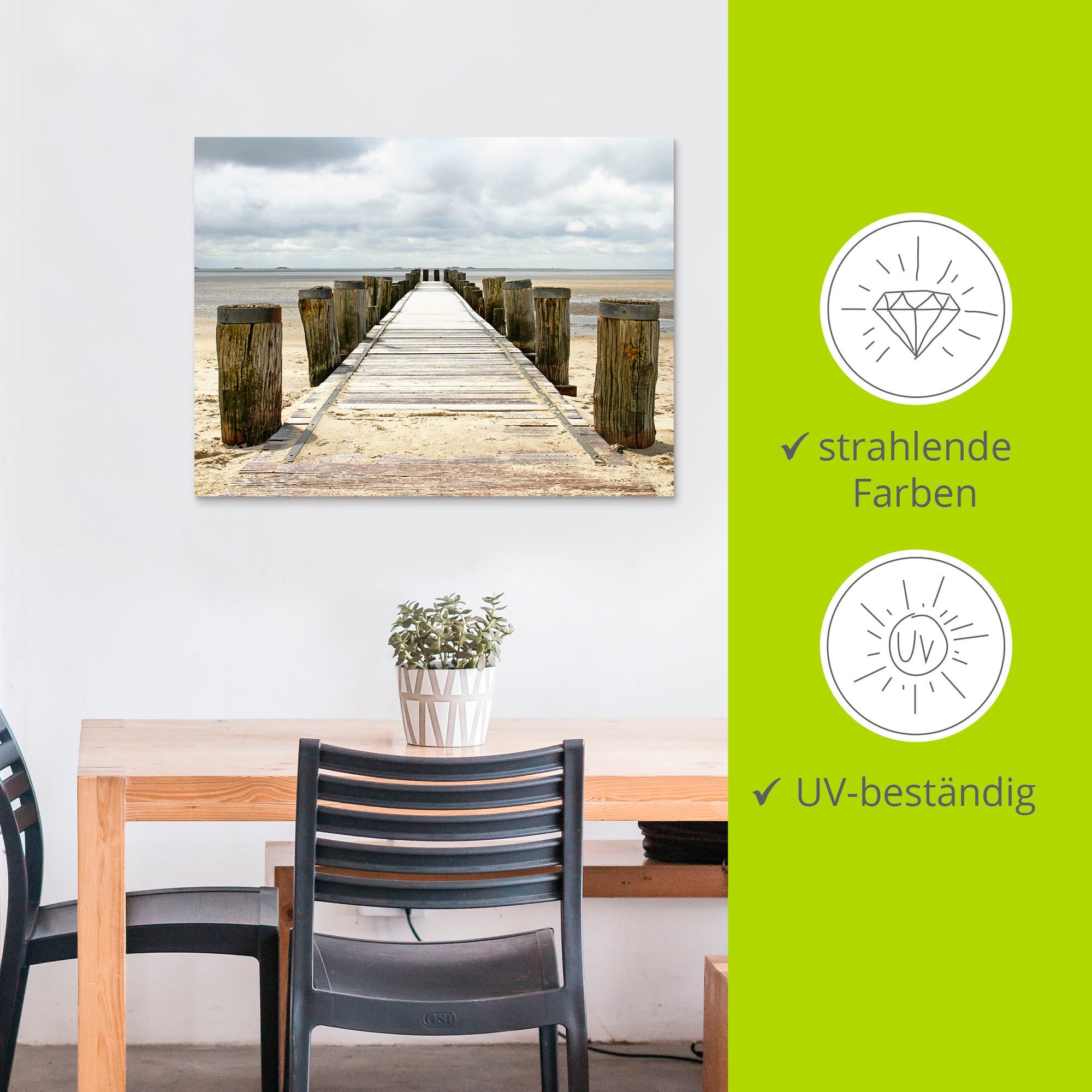 Artland Wandbild »Steg ins Watt«, Strand, (1 St.), als Alubild, Outdoorbild, Leinwandbild, Poster in verschied. Größen