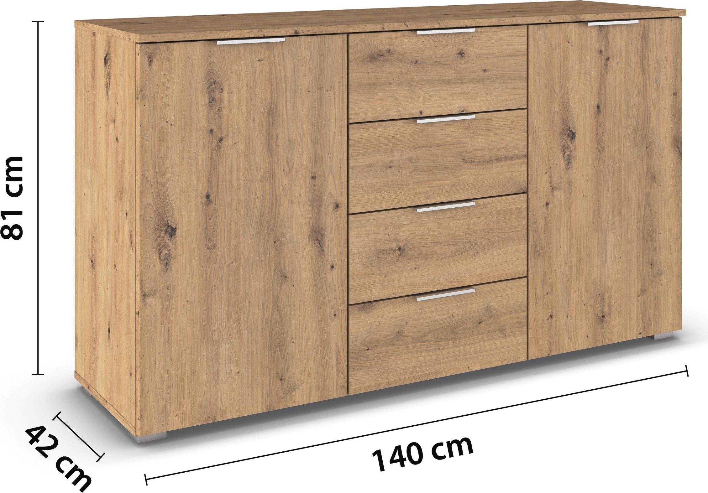 rauch Kombikommode »Sideboard Schubladenkommode AGORDO mit Dekor- oder Hochglanzfront«, (in zwei Griff-Farben), mit 4 Schubkästen und 2 Türen sowie Metallgriffen MADE IN GERMANY