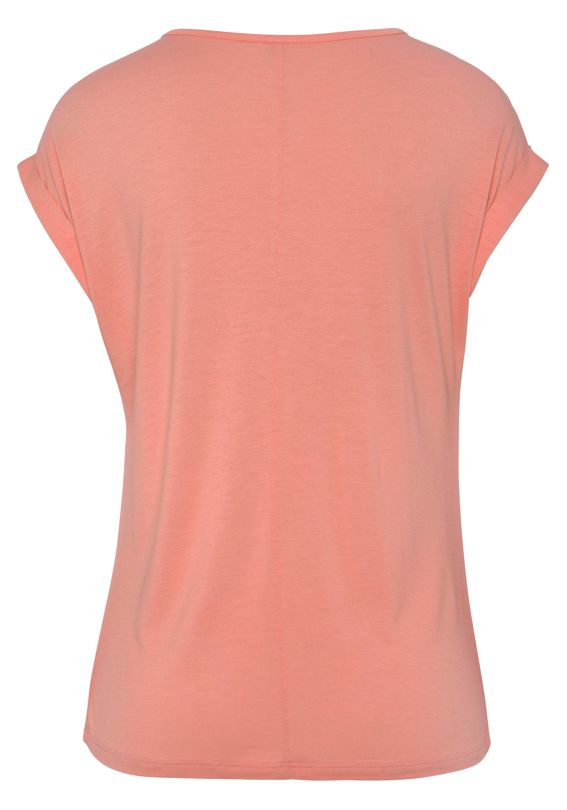 Kurzarmshirt BUFFALO, Damen, Gr. 36/38, orange (peach), Jersey, Obermaterial: 100% Viskose, unifarben, figurumspielend hüftlang, Rundhals, Aufschlag, Shirts, mit Zierknöpfen, bequemes T-Shirt aus Jersey, Basic, Topseller 3