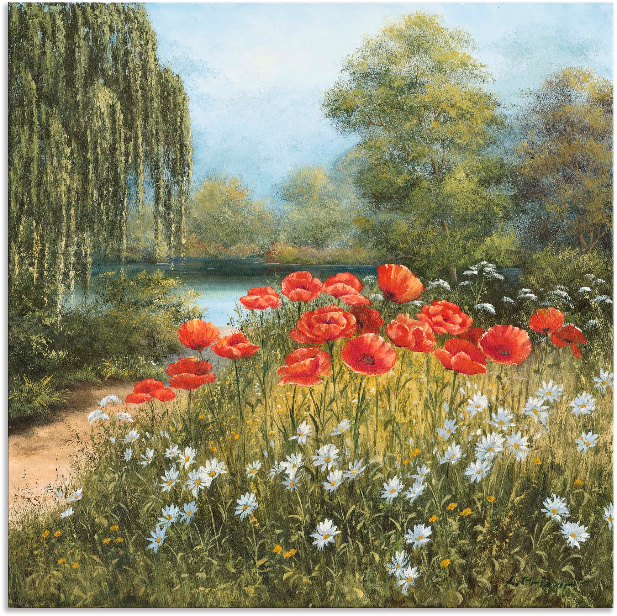 Artland Wandbild "Mohnwiese am See", Blumenwiese, (1 St.), als Alubild, Outdoorbild, Leinwandbild, Poster in verschied. 