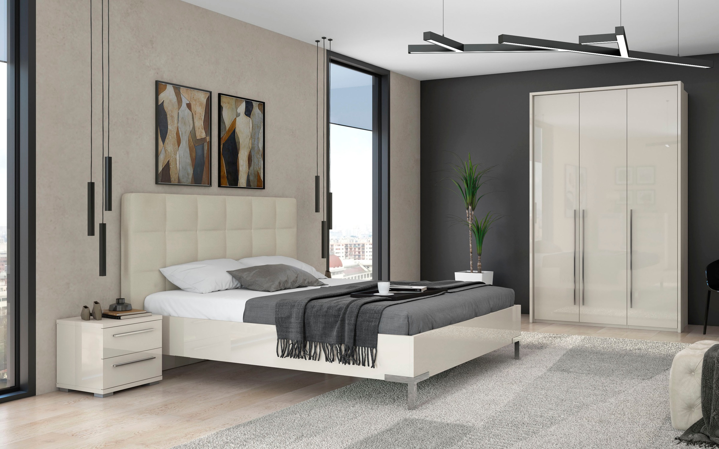 Places of Style Kleiderschrank »Piano, inklusive Rahmen und Beleuchtung, soft-close-Funktion«, (viele Breiten zur Auswahl, 226cm hoch), beige oder weiß, UV lackiert, Hochglanzfronten, FSC-zertifiziert