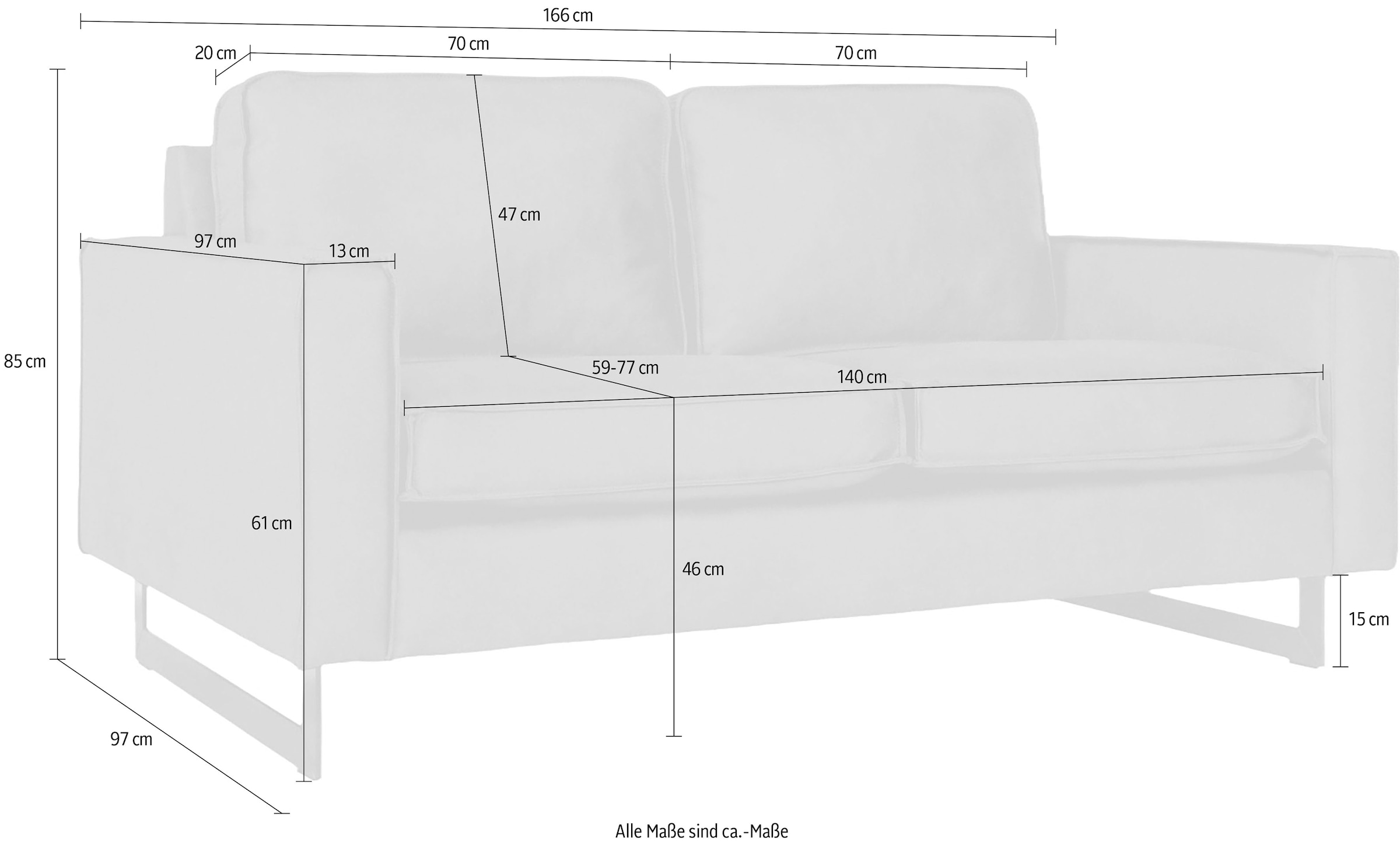 OTTO home 2-Sitzer »Pinto, 166 cm, Cord, Chenille, Lederoptik« mit Keder, schwarze Metallfüße, Wellenunterfederung