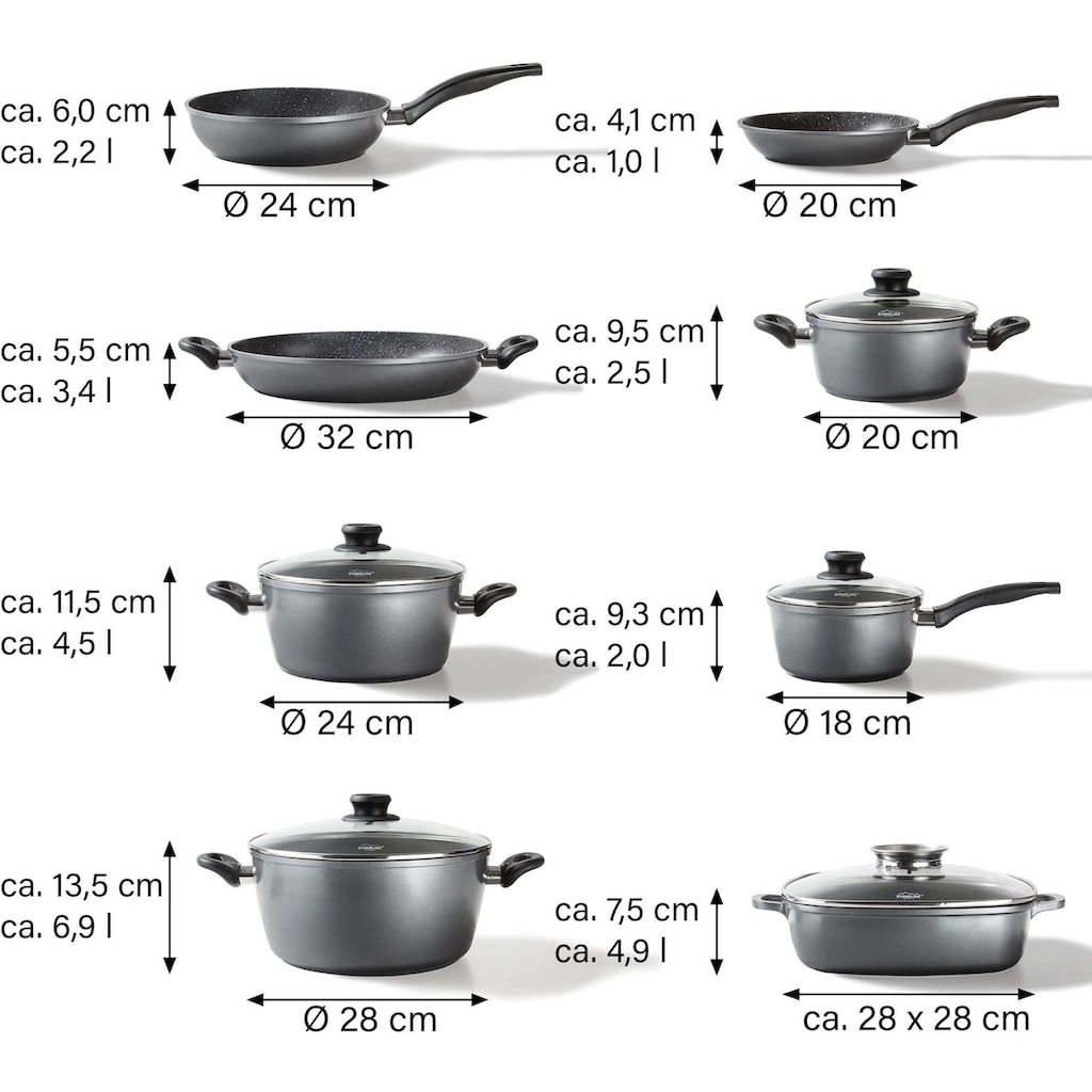 STONELINE Topf-Set, Aluminiumguss, (Set, 13 tlg., Bratentopf 24/28, Kochtopf 20, Kasserolle 18, Pfanne 20/24/28/32 cm)