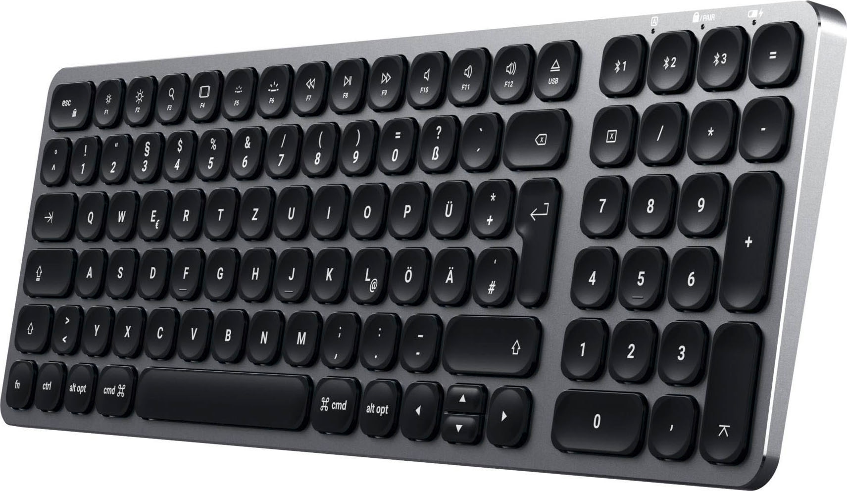 Satechi Tastatur »Aluminium BT Backlit Keyboard Slim German«, (Ziffernblock-Funktionstasten-Lautstärkeregler-USB-Anschluss)