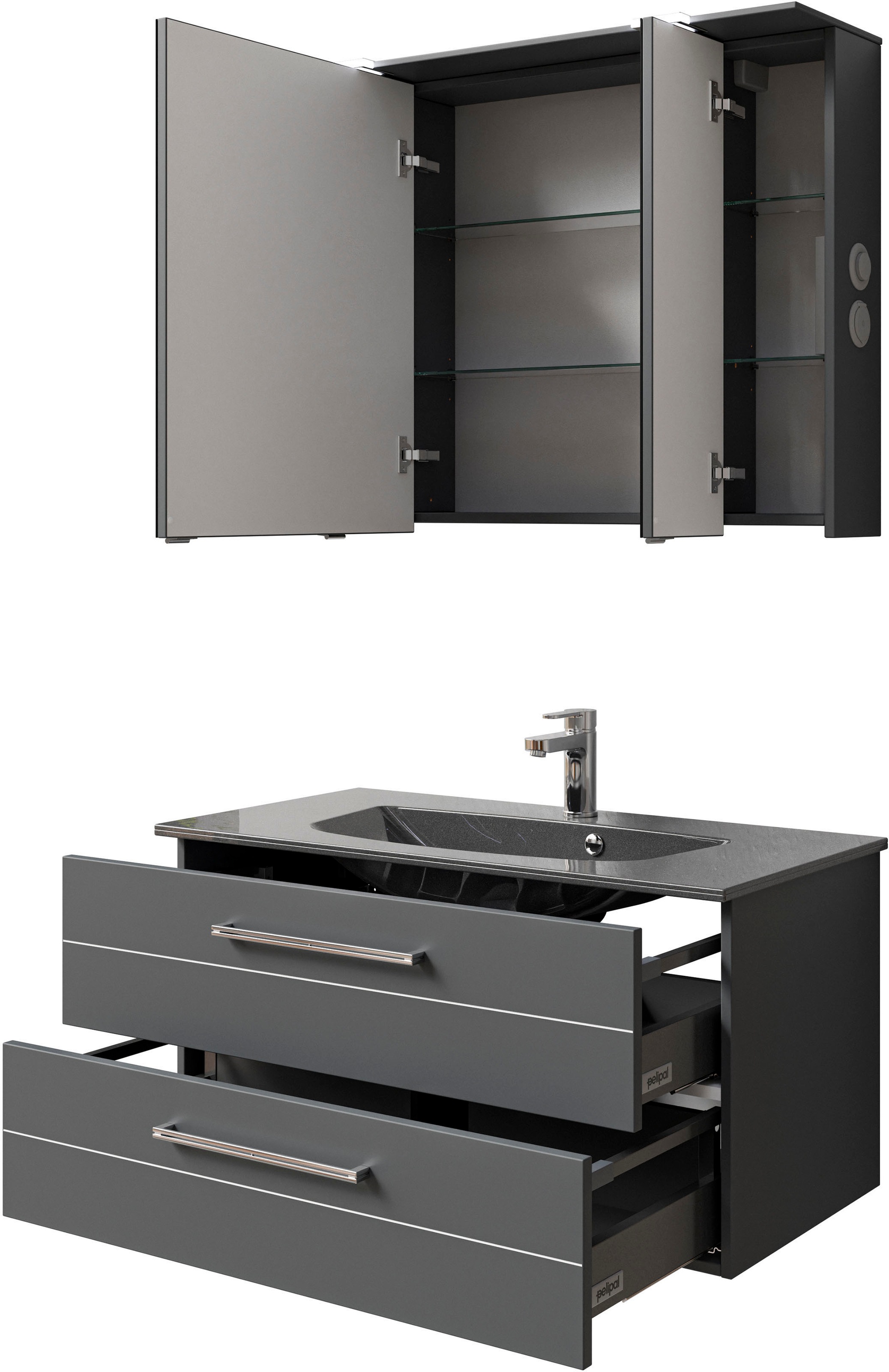 Saphir Badmöbel-Set »Serie 6025 2-teilig Mineralmarmor-Waschtisch mit LED-Spiegelschrank«, (2 St.), Waschplatz 97 cm breit, 2 Schubladen, 3 Spiegel-Türen, inkl Türdämpfer