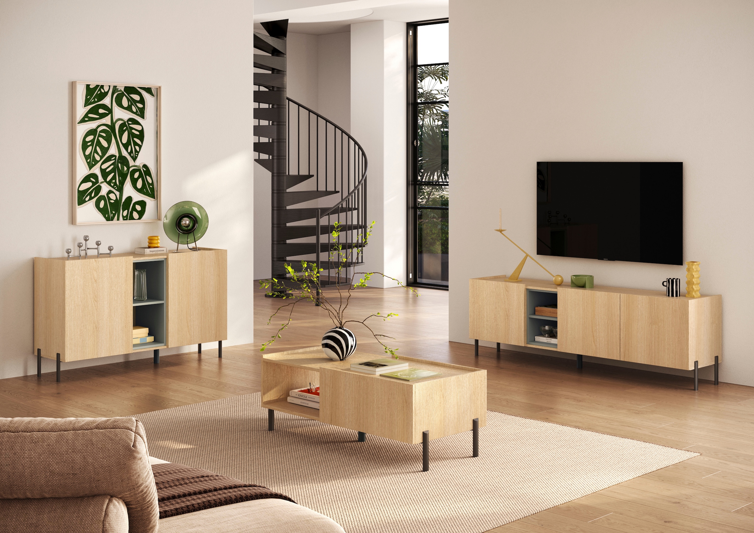 OTTO home Sideboard »Badia, 132 cm breit, 2 Türen, Anrichte, Kommode, Stauraumschrank« Innenliegendes Top, gerade Metallfüße, salbeigrüne Farbakzente