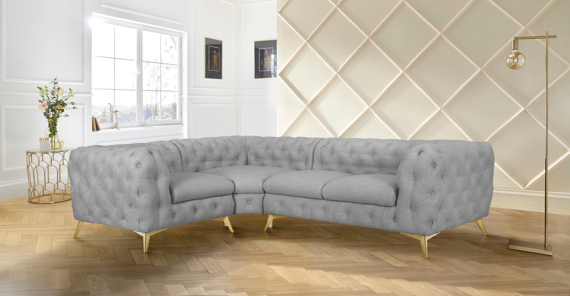Leonique Chesterfield-Sofa »Ecksofa GLYNIS L-Form mit Wellenunterfederung, Maße B/T/H 264/204/75cm«, aufwändige Knopfheftung, moderne Chesterfield Optik, Fußfarbe wählbar