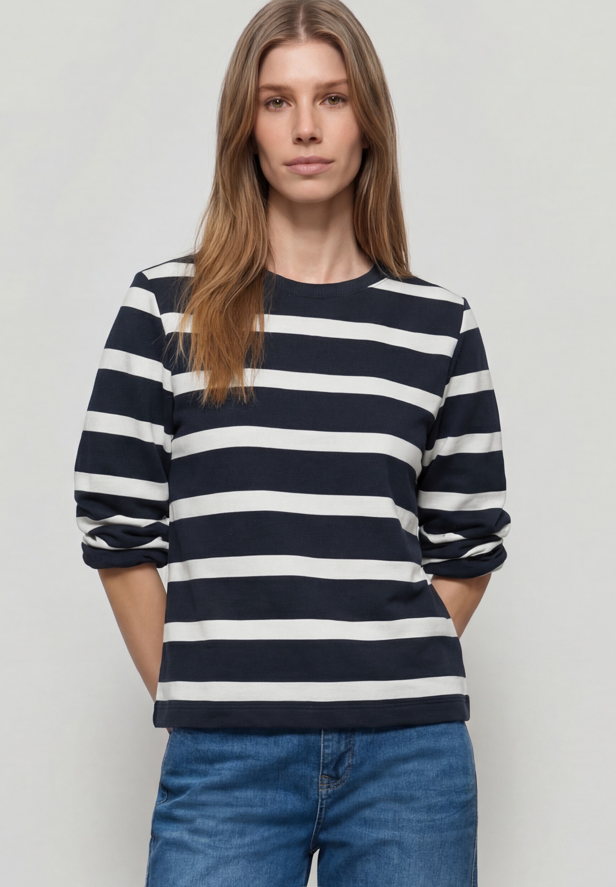 Sweatshirt STREET ONE, Damen, Gr. 36, shadowed navy, Sweatware, 83% Baumwolle, 17% Polyester, gestreift, normal, Rundhals, Rippbündchen, Sweatshirts Sweatshirt, im Streifen-Design