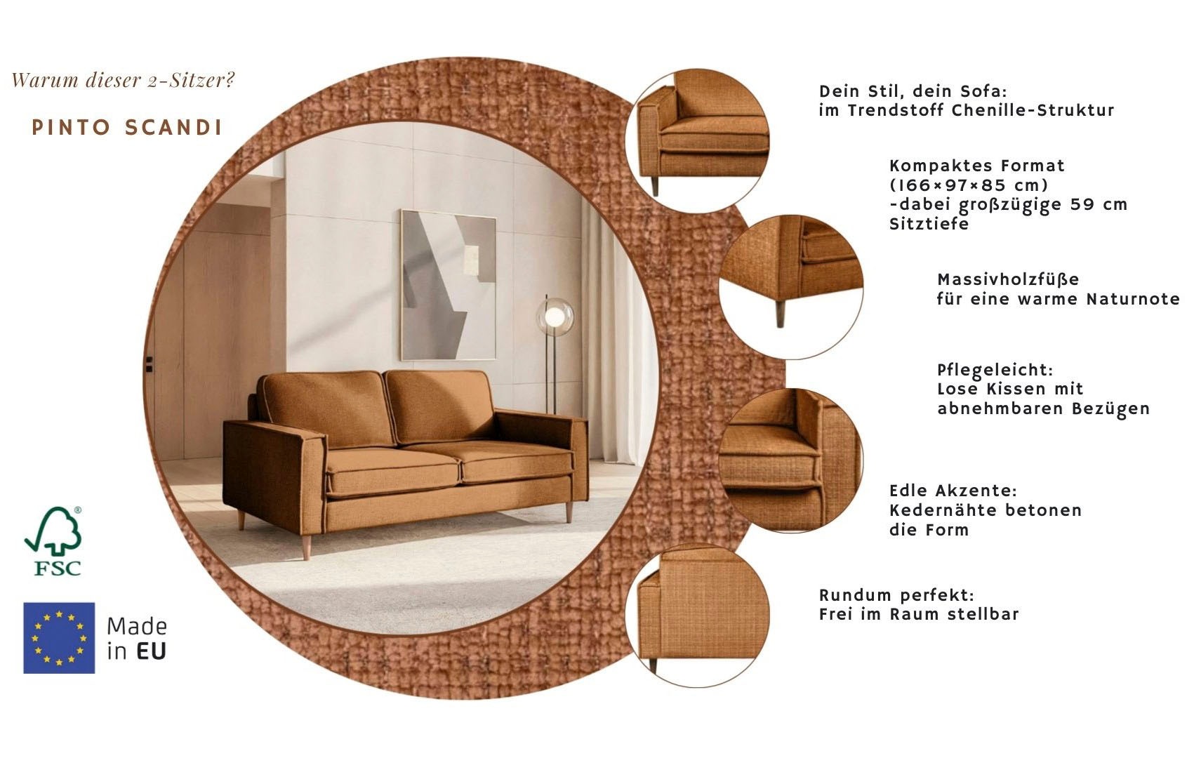 Thumbnail - Home affaire 2-Sitzer "Pinto Skandi, 166 cm, Chenille, Struktur" mit Keder, Massivholzfüße Eiche geräuchert, Wellenunter...