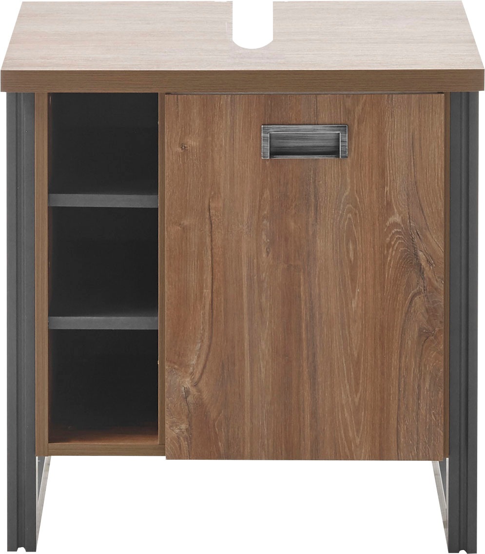 Home affaire Badmöbel-Set »Detroit, Bad im Industrialdesign, inkl. LED, 2-teiliges Badezimmer«, (2 St.), Unterschrank mit offenen Fächern & Stauraum, holzfarben, Rundspiegel