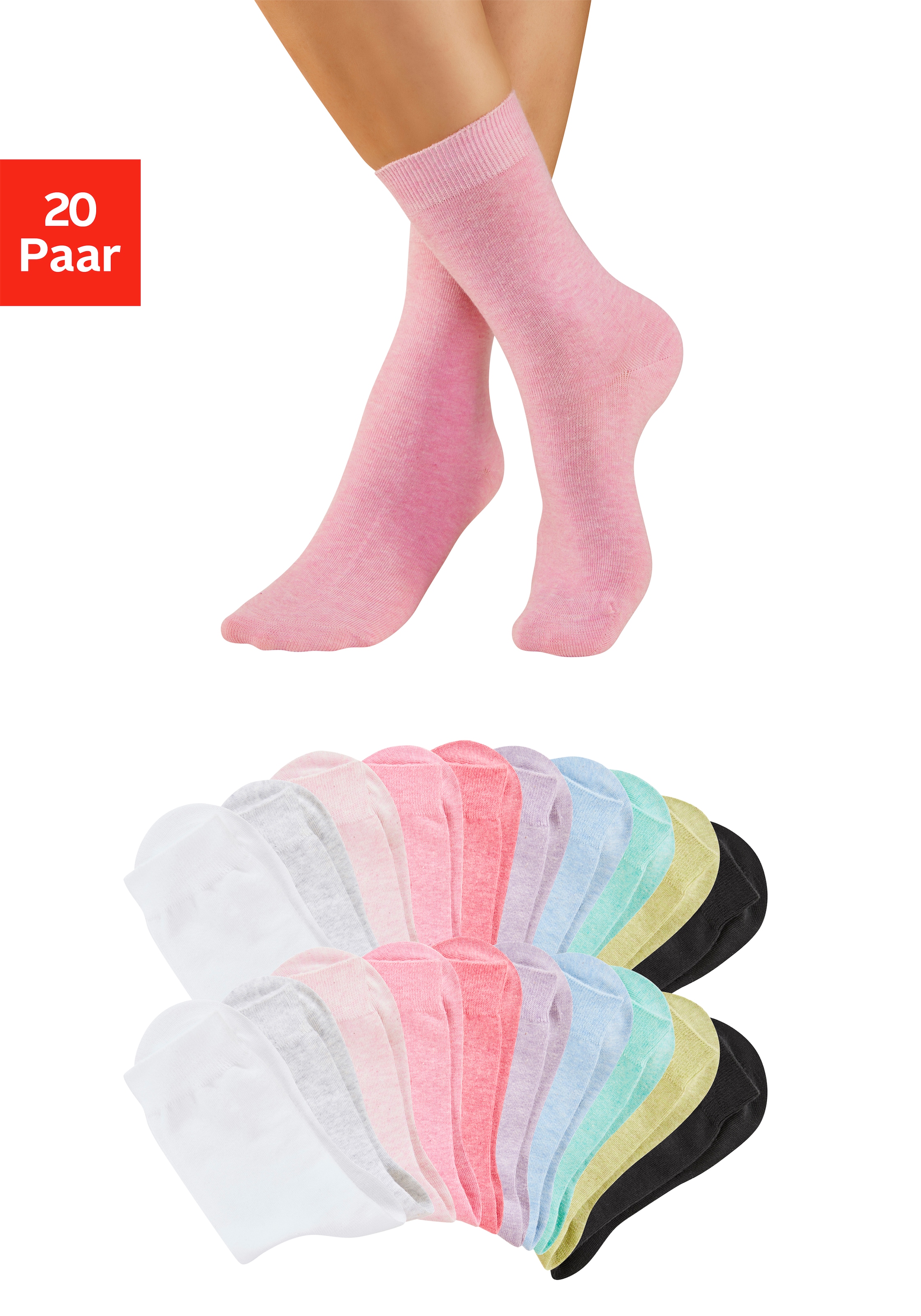 H.I.S Basicsocken "Damensocken, frische melierte Farben; casual" Packung, 20 Paar tlg. Alltagssocken in der Großpackung