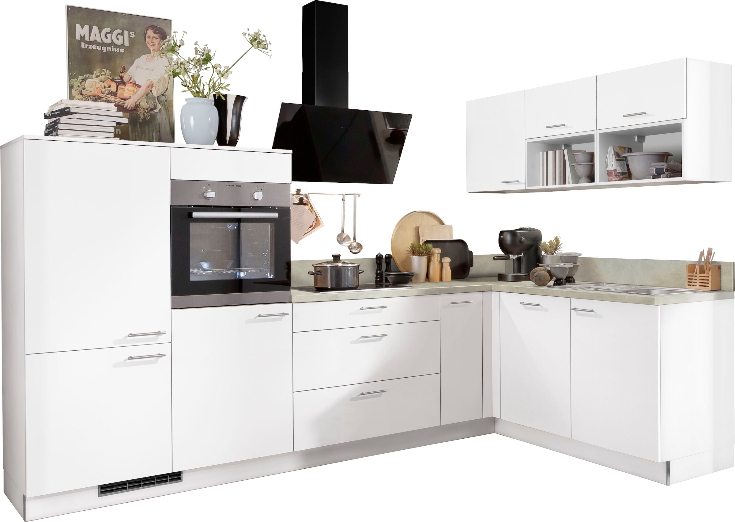 Kochstation Küchenzeile »KS-Scafa, vormontiert, mit höhenverstellbaren Füßen«, vormontiert, wahlweise mit E-Geräten, Stellbreite 305 x 185 cm