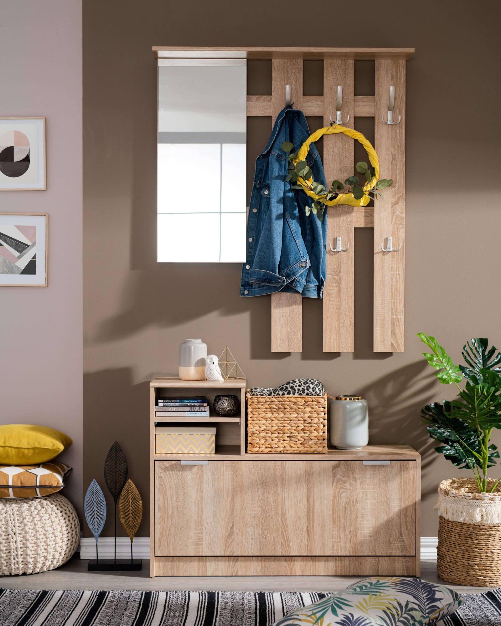 INOSIGN Garderoben-Set »Ravenna Flurgarderobe, Dielenschrank, Kompaktgarderobe, Breite 100 cm«, (Komplett-Set, 2 St.), inkl. Schuhschrank und Garderobenpaneel, mit Klapptür, Spiegel, Haken