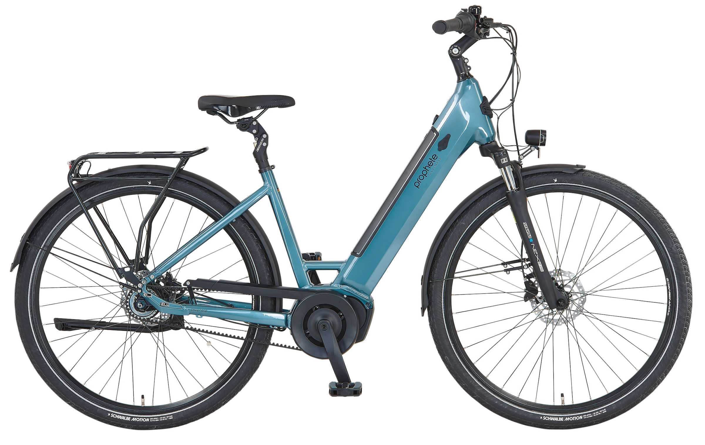 Prophete "Geniesser 5.0 mit Gates Riemenantrieb" 7 Gang Shimano Nexus Schaltwerk Nabenschaltung Mittelmotor 250 W Suntour Parallelogramm Federsattelstütze