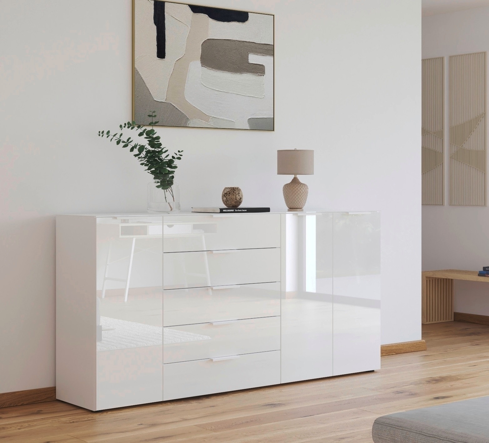 rauch Kombikommode »Kommode Türkommode Sideboard Kombikommode FLIPP mit Glasfront«, (Breite 200 cm mit 4 Einlegeböden), 3-türig, 5 Schubladen, Soft-Close-Funktion, Oberboden und Front Glas