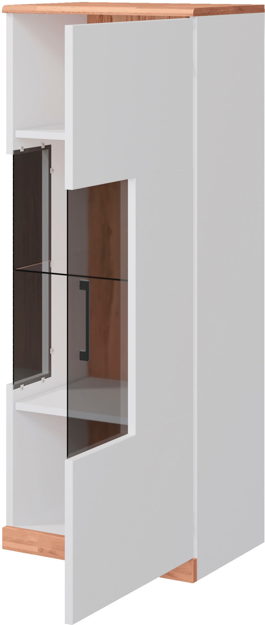 Home affaire Vitrine »Ribe,125cm hoch,4 Fächer,1Glasboden variabel einsetzbar«, Oberplatte Kernbuche massiv,dunkles Glas, schwarze Metall Griffe