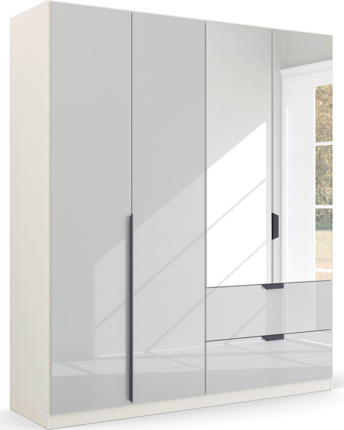 rauch Drehtürenschrank "Kleiderschrank Schrank Garderobe Ankleide MODERN BY QUADRA SPIN" Breiten: 181/226/271 cm, Höhe 210 cm, mit Spiegel und hochwertiger Glasfront, Stangengriff MADE IN GERMANY