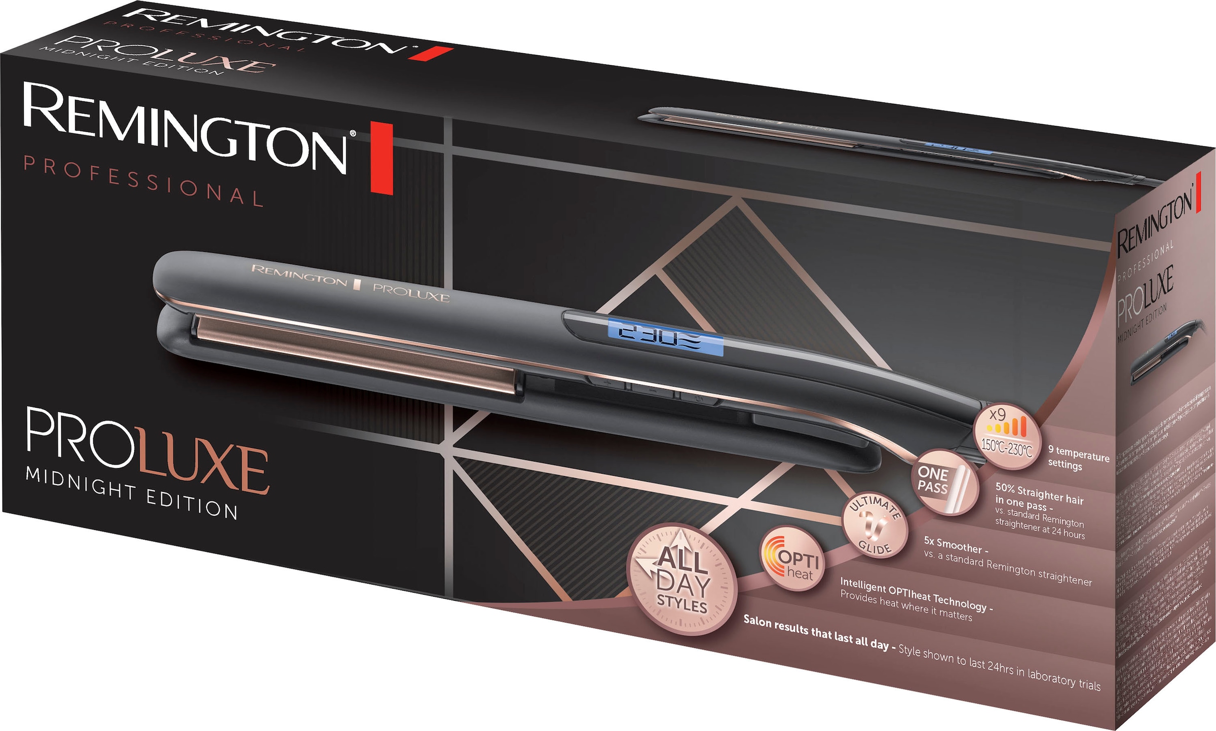 Remington Glätteisen »S9100B E51 PROluxe Midnight«, Ultimate-Glide-Keramik-Beschichtung, OPTIheat-Technologie, 9 Temperatureinstellungen von 150-230 °C