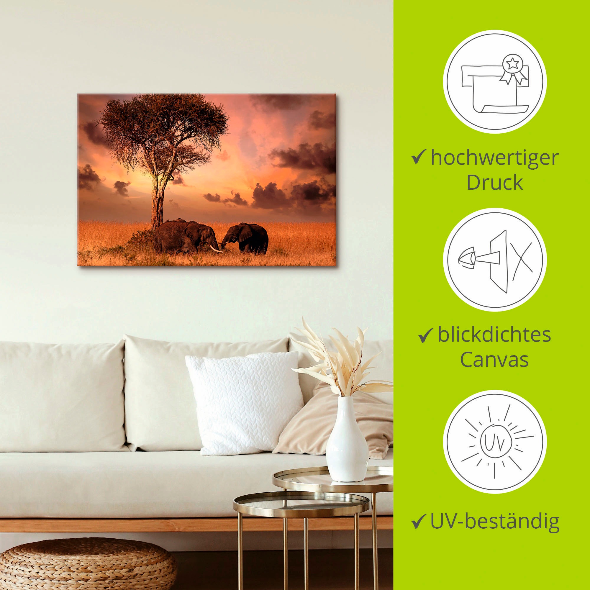 Artland Wandbild »Elefanten zum Abendessen«, Wildtiere, (1 St.), als Leinwandbild, Wandaufkleber in verschied. Größen