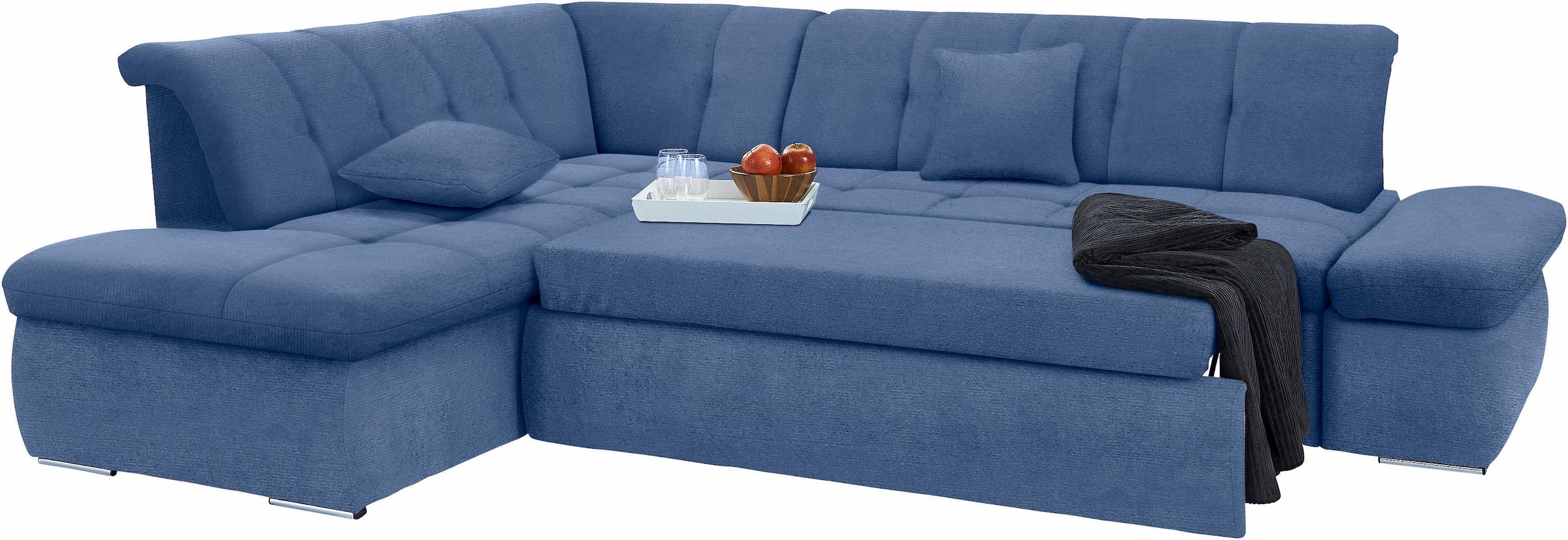 DOMO collection Ecksofa »NMoric incl. Zierkissen B/T/H: 273/216/80 cm L-Form«, Ottomanen-Abschluss, wahlweise mit Bettfunktion und Armlehnverstellung