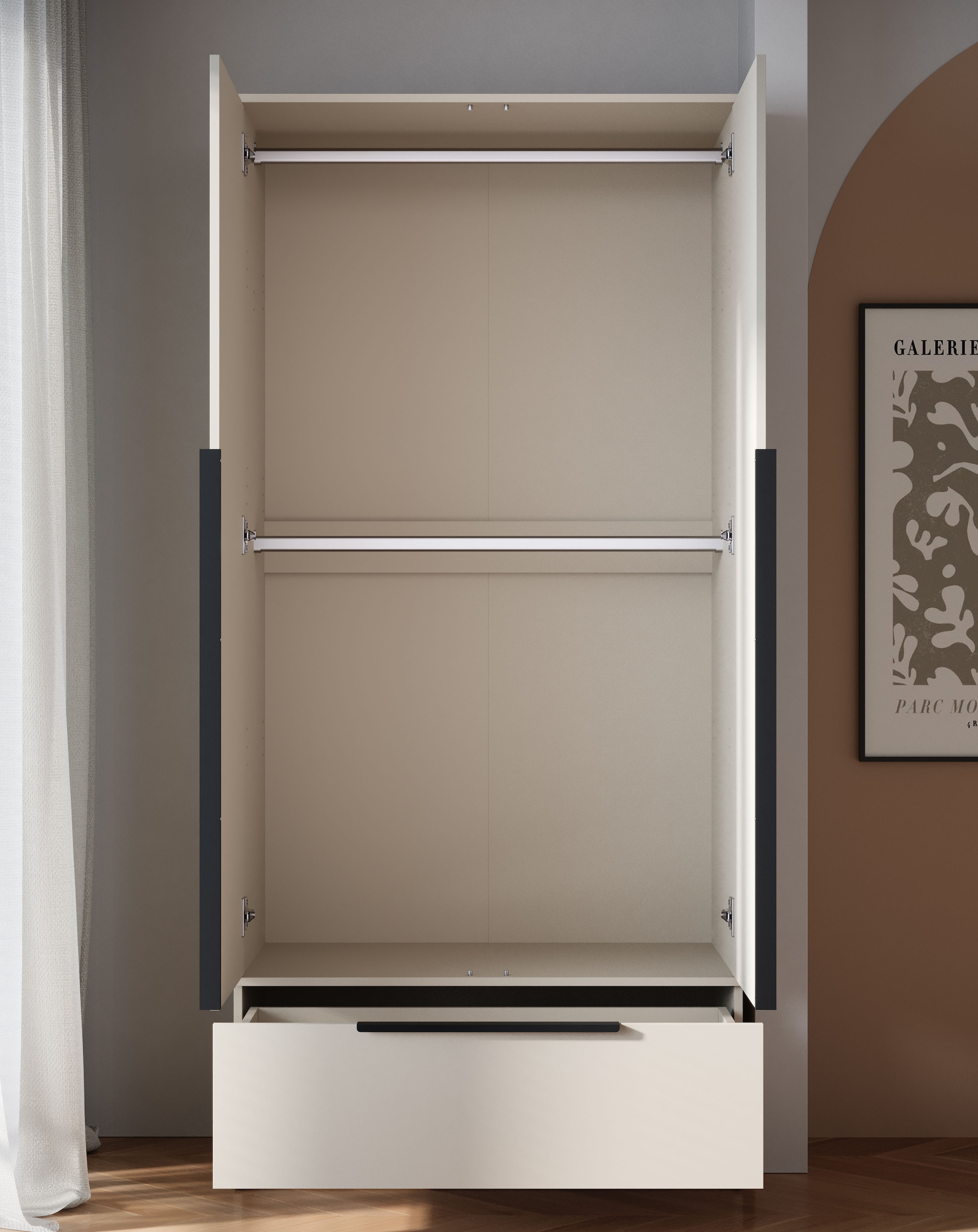 Home affaire Kleiderschrank »Spirit Kleiderschrank mit Schublade und Stauraum« Mit schwarzen Metallgriffen und 2 Kleiderstangen