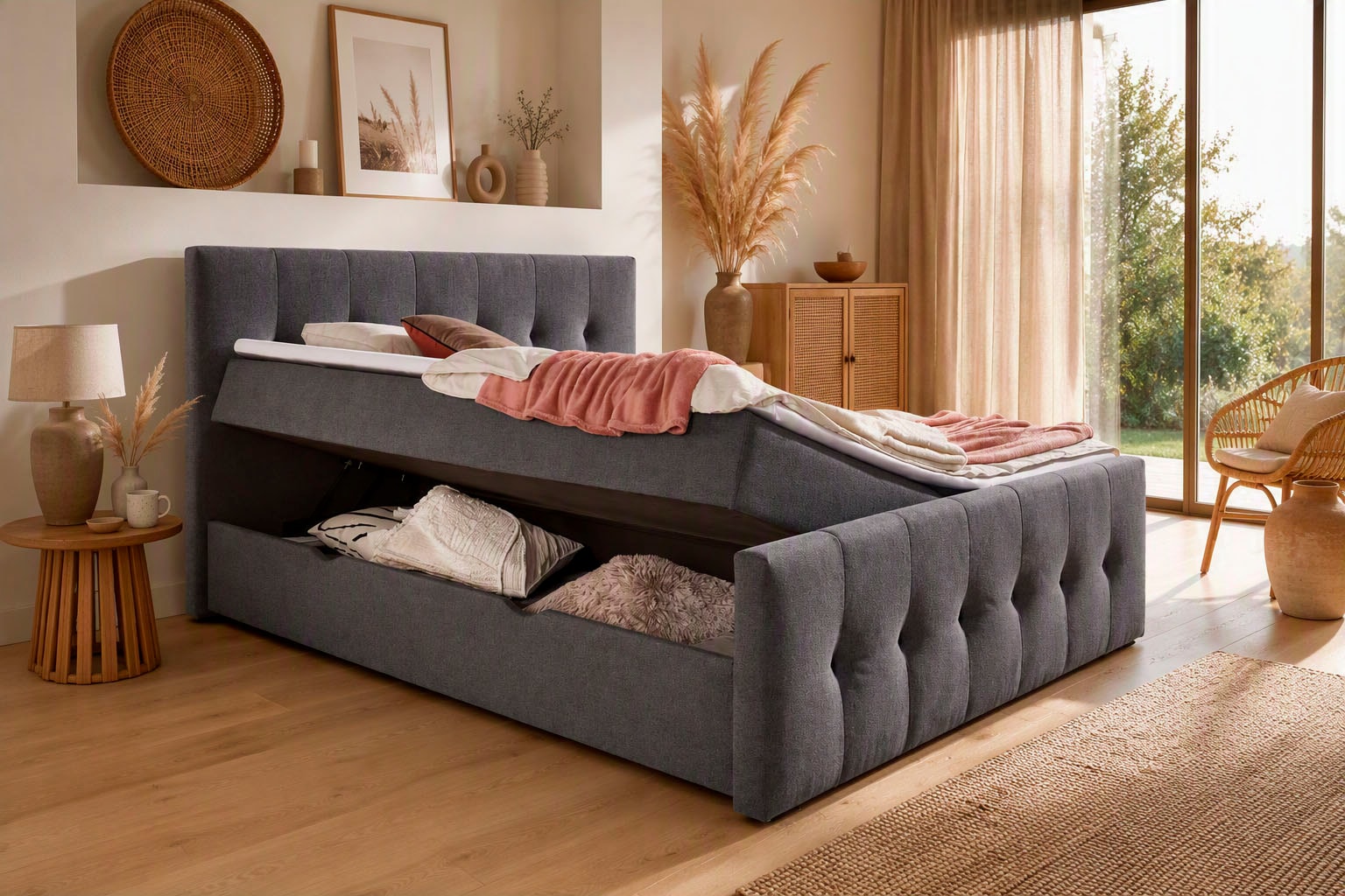 Home affaire Boxbett »TESSAJA, Polsterbett mit Bettkasten, inkl. Taschenfederkernmatratze H3« mit Anti-Slip-Topper, Strukturstoff-Bezug, Liegefläche 180x200 cm