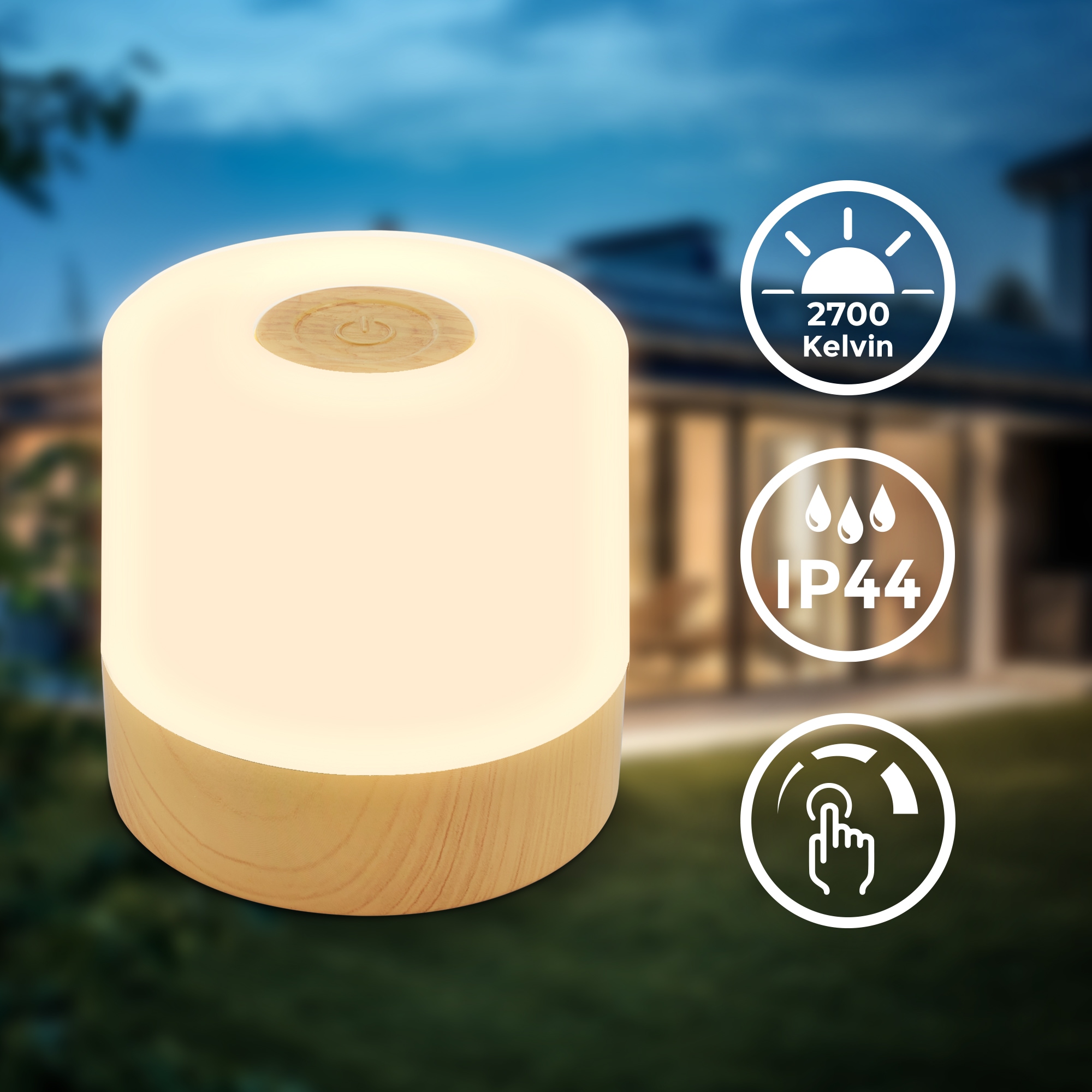 B.K.Licht Außen-Tischleuchte »BK_TL1589 Akku LED Tischlampe, 3-Stufen Touchdimmer, mit USB«, 1 flammig, Leuchtmittel LED-Modul | LED fest integriert, 2.700 K, 150 Lm, 2W, integrierte Batterie, IP44, 7x7 cm, Holzfarben