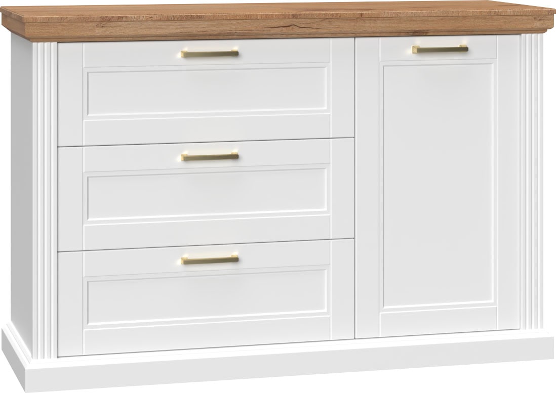 OTTO home Sideboard "Tara, Landhaus Kombikommode B/T/H: 138/48/91 cm, FSC-zertifiziert" Soft-Close-Funktion, goldfarbene Metallgriffe, Innendekor Holzoptik, lackiert mit wasserbasiertem UV-Lack, unempfindlich und kratzfest