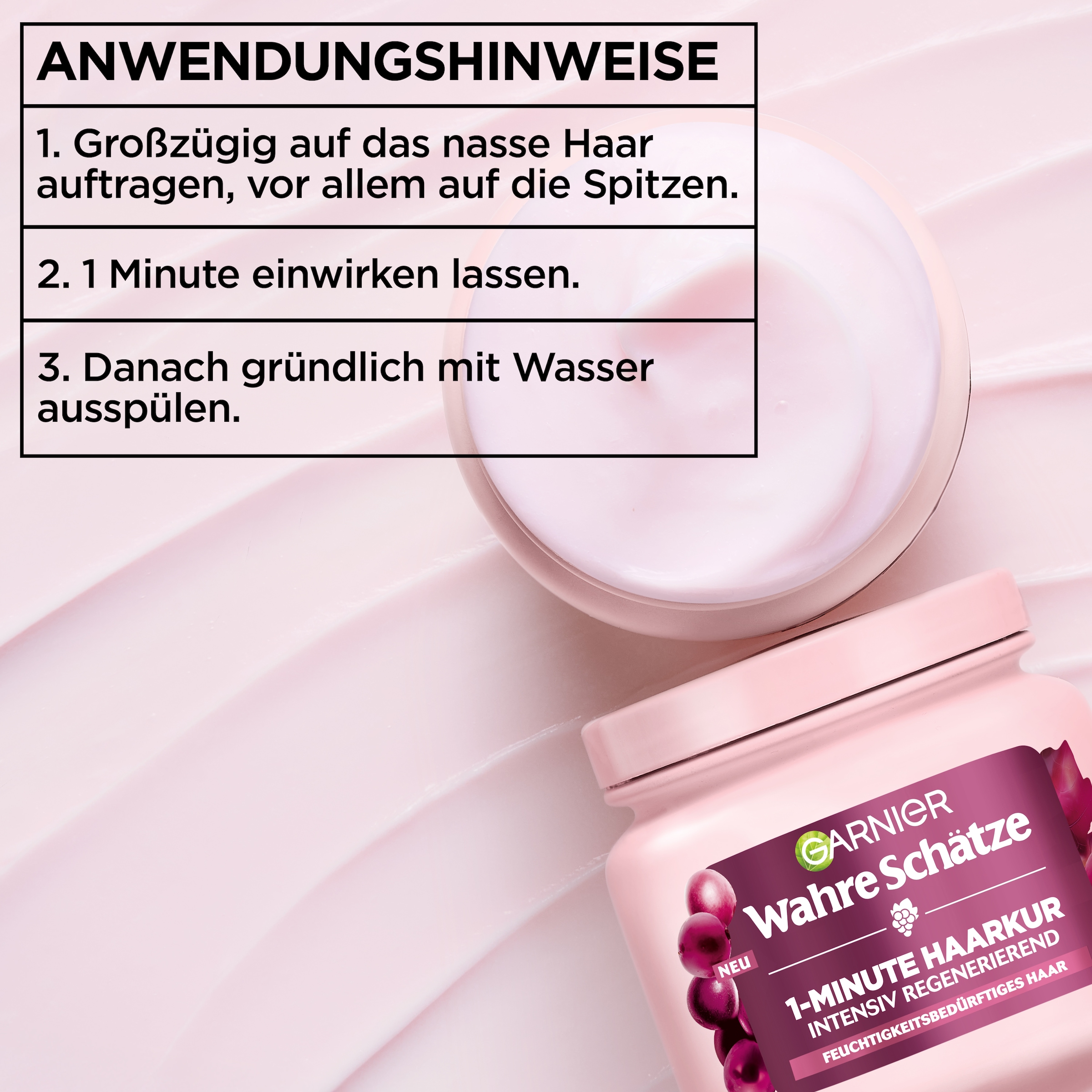 GARNIER Haarkur »Garnier Wahre Schätze 1-Minute Haarkur Traube Hydraboost« für feuchtigkeitsbedürftiges Haar, mit Traubenwasser und Traubenkernöl