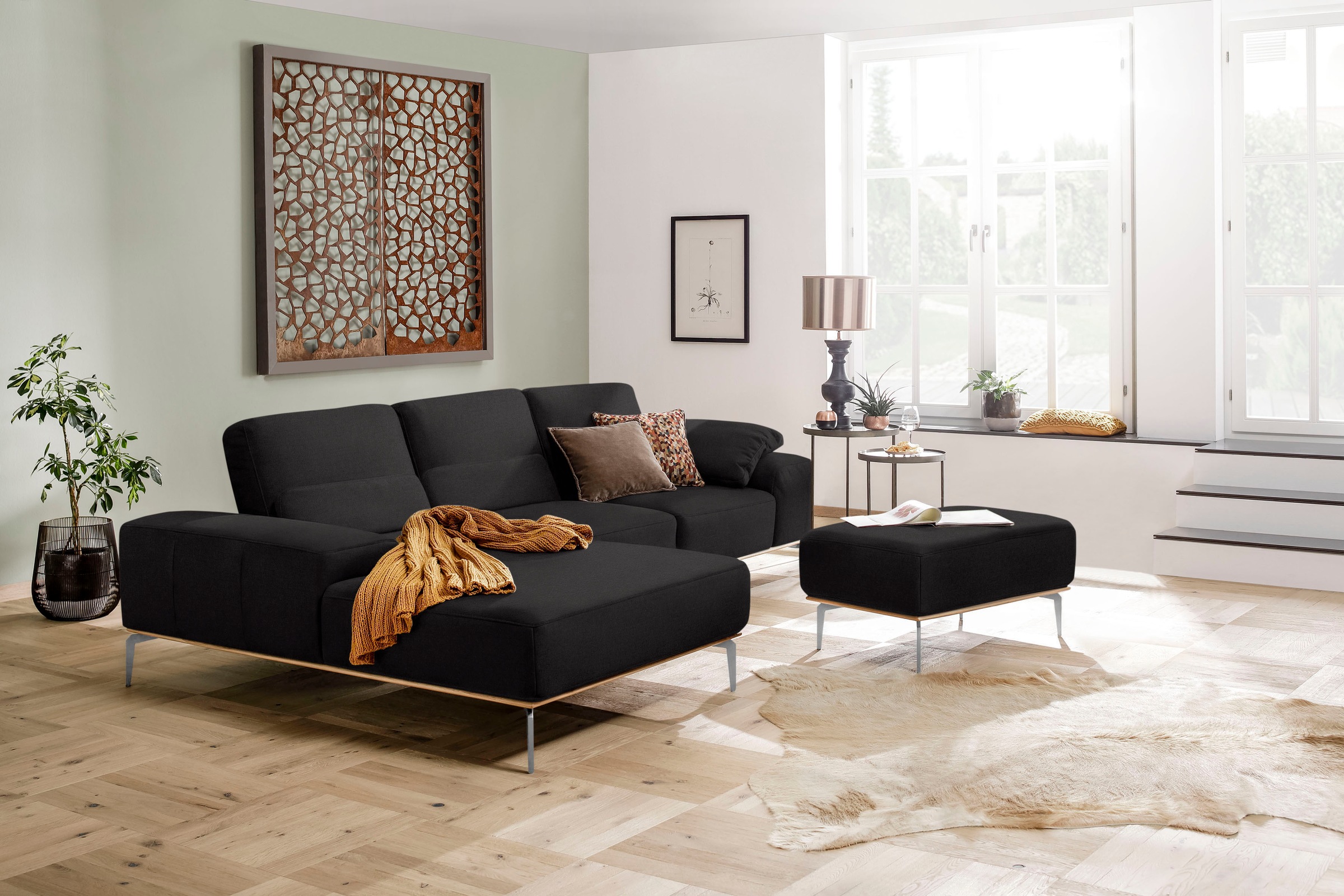 W.SCHILLIG Polsterhocker »run«, mit elegantem Holzsockel, Füße in Chrom glänzend, Breite 75 cm