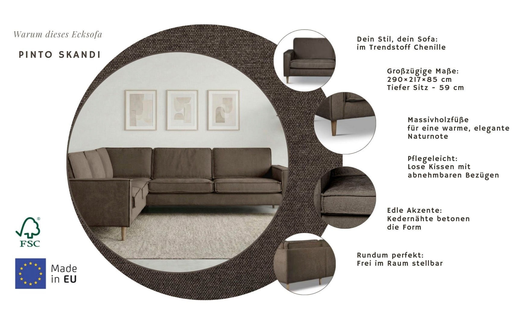 Ecksofa HOME AFFAIRE "Pinto Skandi, 290 cm, Chenille, Struktur, Ottomane links / rechts", braun, B:290cm H:89cm T:250cm, 100% Polyester, Sofas, Ecksofa, mit Keder, Massivholzfüße Eiche geräuchert, Wellenunterfederung 7