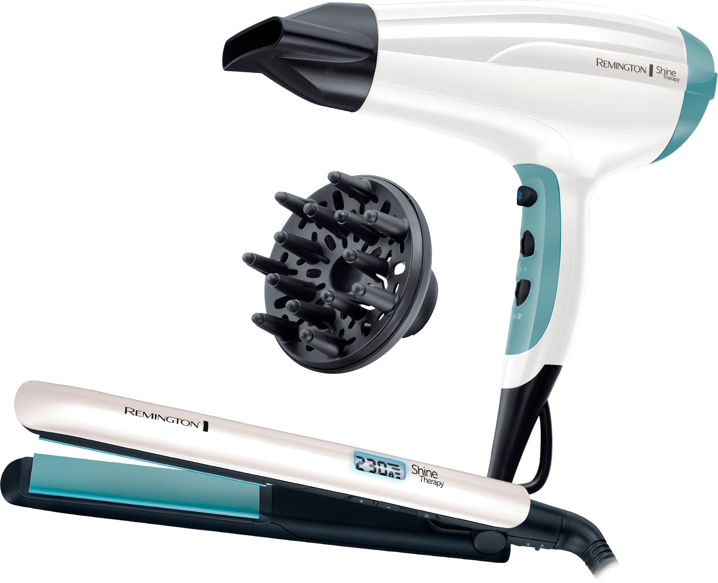 Remington Haartrockner »Shine Therapy S8500GP | mit Keramikbeschichtung BAUR 2 Haarglätter günstig 2300 bestehend Haartrockner aus Geschenk-Set«, kaufen Aufsätze, W, und