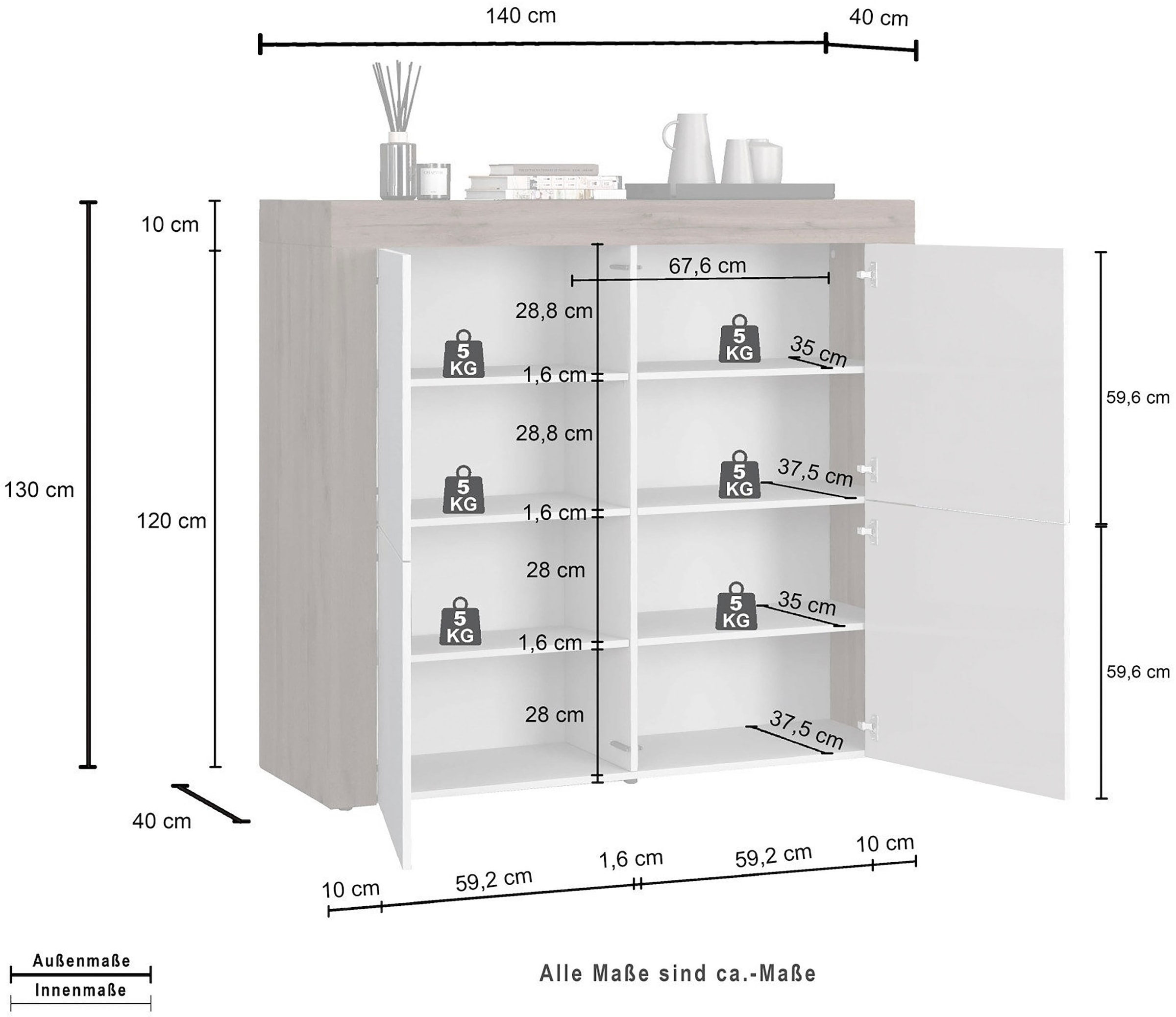 OTTO home Highboard »CHRONOS Breite 140 cm mit 4 Türen und 8 Fächer 'Made in Italy'« 1 Stk. tlg. Hohes Sideboard, Kommode, Schrank, Grifflos mit Push to Open