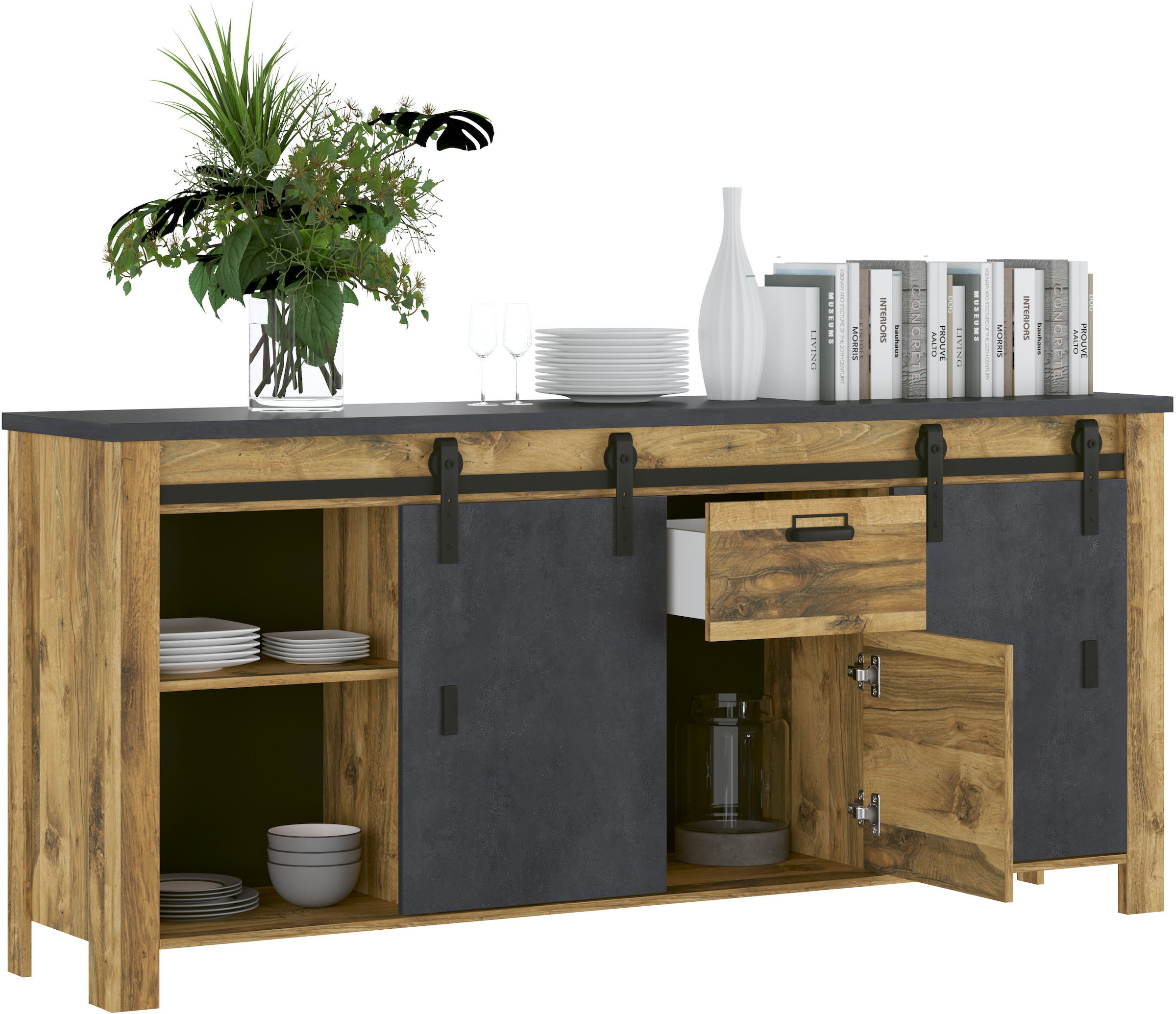 Home affaire Sideboard »York, moderner Schrank, Kommode in Hunton Oak Dekor, Industrialdesign«, mit Scheunentorbeschlägen & Apothekergriffen aus Metall, 201 cm breit
