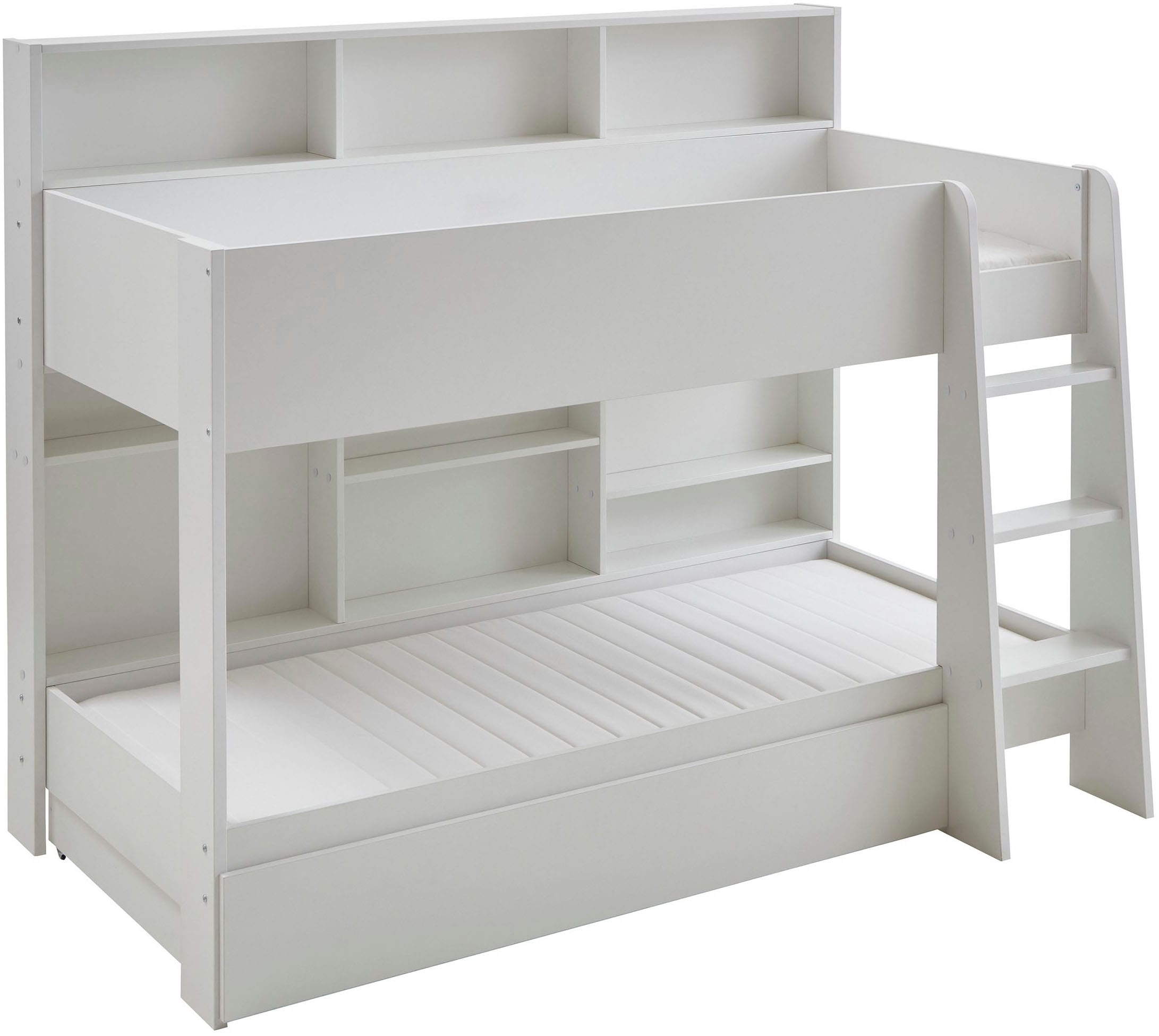 Relita Etagenbett "Sely, viel Funktion auf kleinem Raum, 2 Liegeflächen, modernes Design" viele Regalfächer an der Bettrückseite, inkl. Schublade auf Rollen, viel Stauraum, pflegeleichte Melamin Oberfläche, 3 Farben zur Wahl