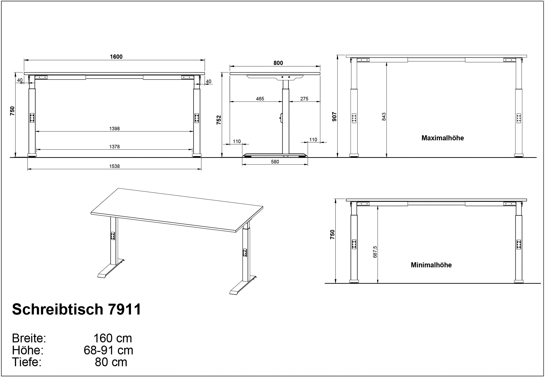 GERMANIA Schreibtisch »Downey, mechanisch höhenverstellbar«, moderne Farbvariationen, Breite 120/140/160/180 cm, Made in Germany
