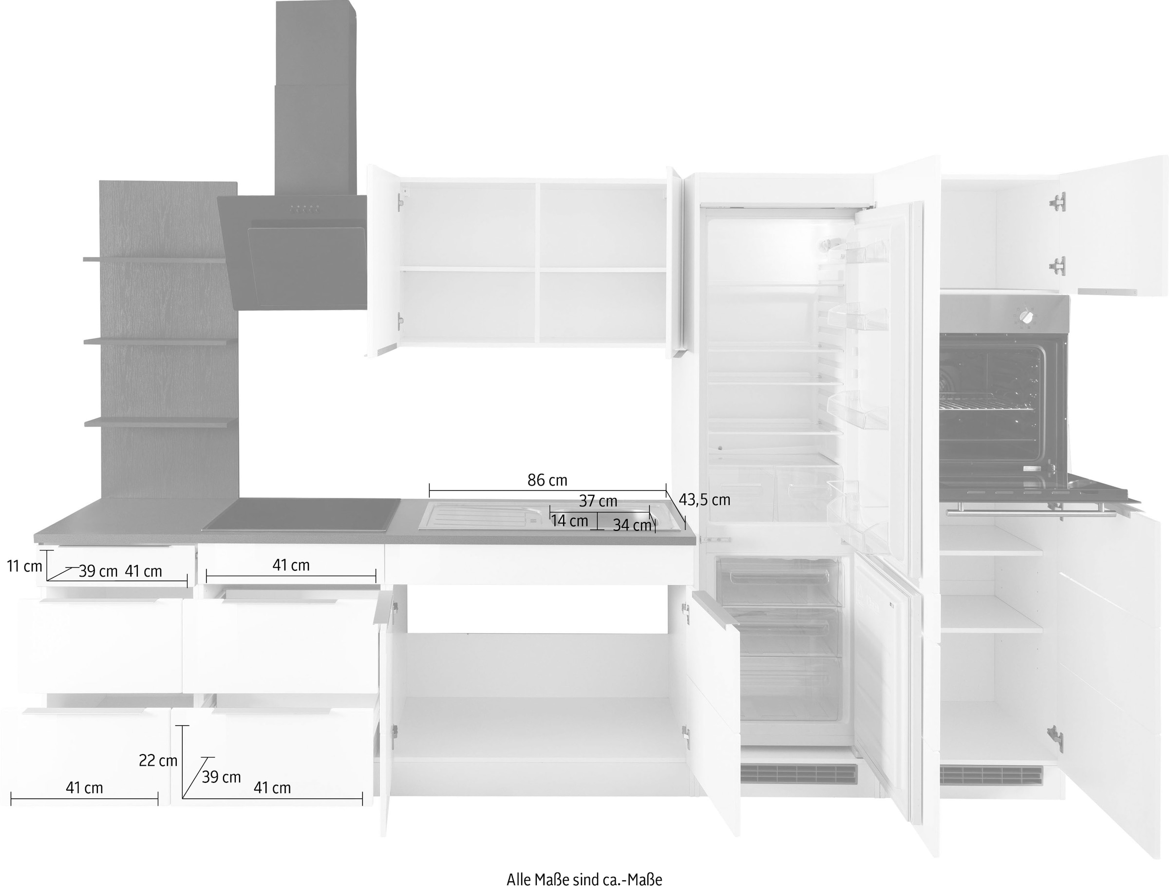 KOCHSTATION Küchenzeile »KS-Brindisi Breite 330 cm« wahlweise mit E-Geräten und Induktion, mit MDF-Fronten und Regal