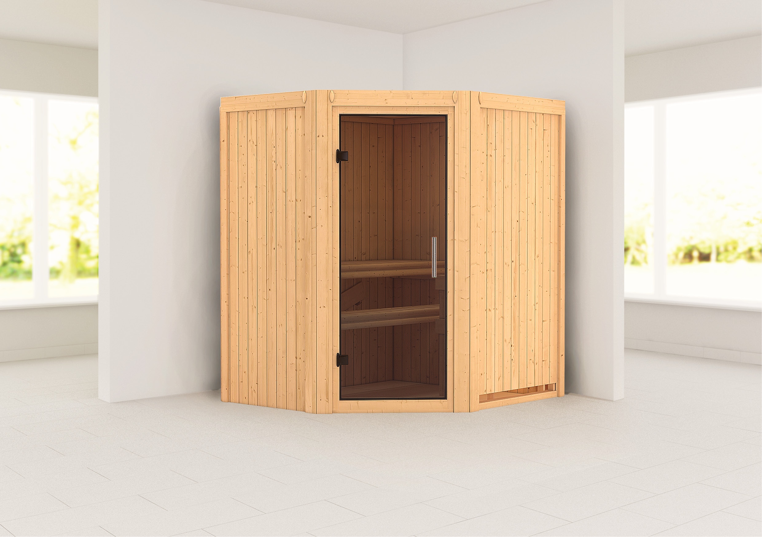 Karibu Sauna ""Liyah" naturbelassen, mit graphitfarbener Tür" Set, in verschiedenen Ausführungen erhältlich, 9 KW Ofen mit externe Strg