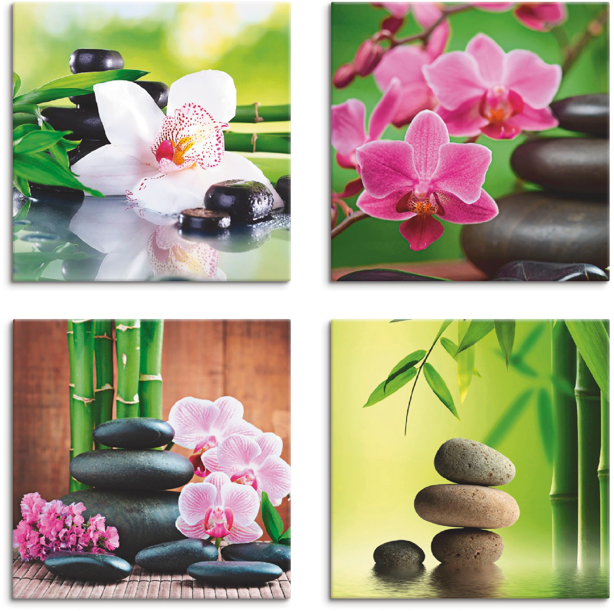 Artland Leinwandbild "Spa Bambus Zweige Zen Steine", Zen, (4 St.), 4er Set, verschiedene Größen