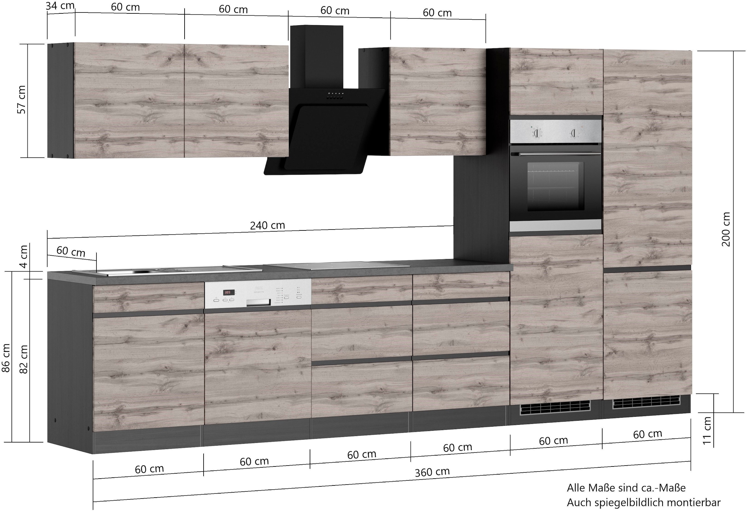 KOCHSTATION Küchenzeile »KS-Riesa«, Stellbreite 360 cm, wahlweise mit Induktionskochfeld