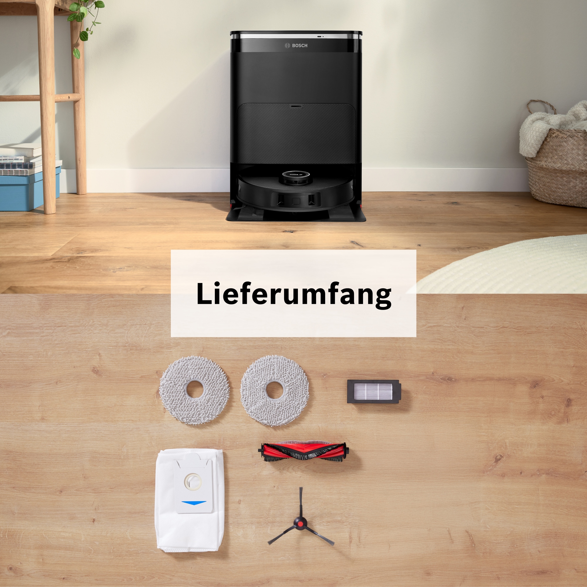 BOSCH Saugroboter »Spotless Max BCRDW3B, rotierende Wischpads, 70°C Selbstreinigung«, Datensicherheit, 11.000 Pa Saugkraft, Absaugstation, Carbon Bürste