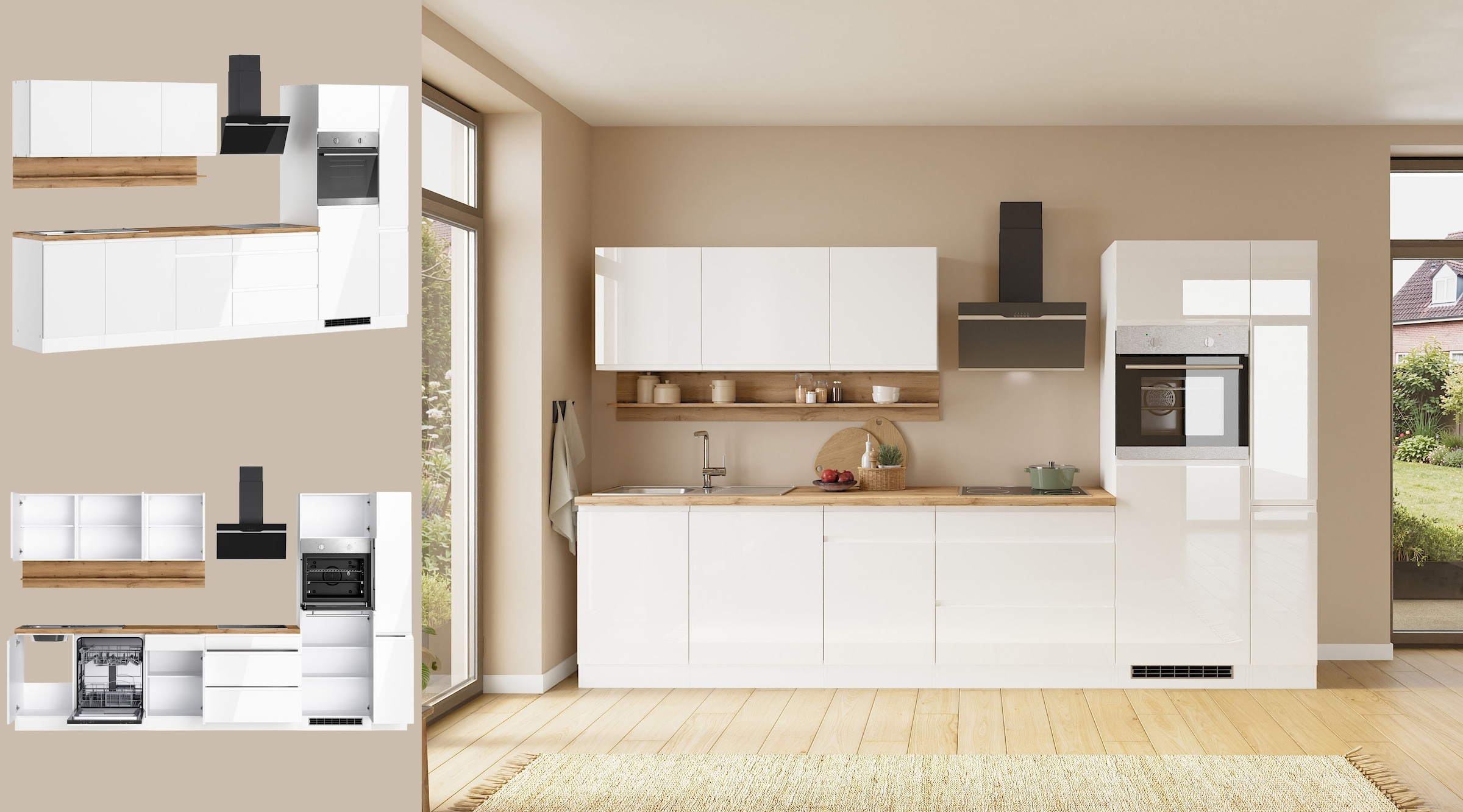 KOCHSTATION Küchenzeile »KS-Virginia,neu in verbesserter Ausführung« Arbeitsplatte 38 mm stark, Stauraum, Softclose,  Breite 330 cm, Soft-Close, ohne E-Geräte
