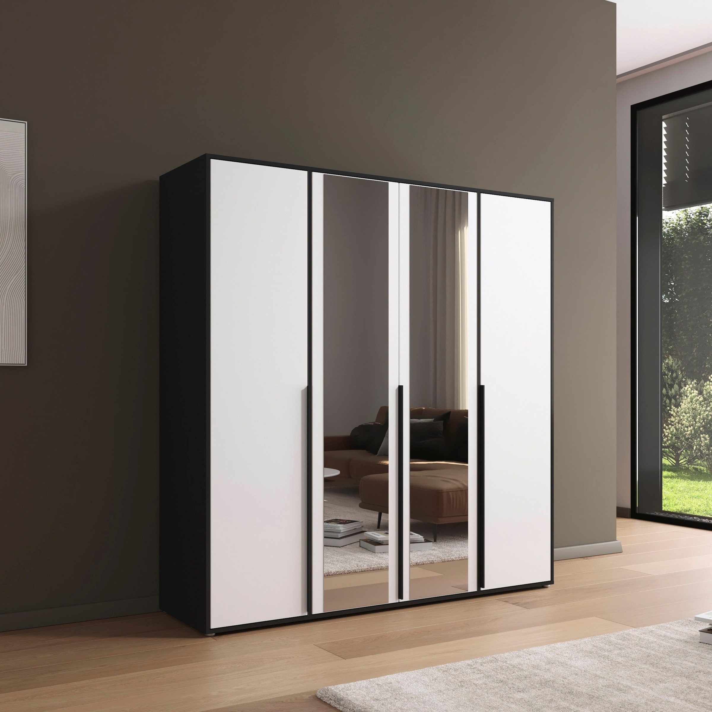 rauch Drehtürenschrank »Kleiderschrank Schrank Garderobe Wäscheschrank NAGATA mit Spiegel«, (in 3 verschiedenen Ausstattungen BASIC/CLASSIC/PREMIUM), und modernen Stangengriffen in Graumetallic TOPSELLER MADE IN GERMANY